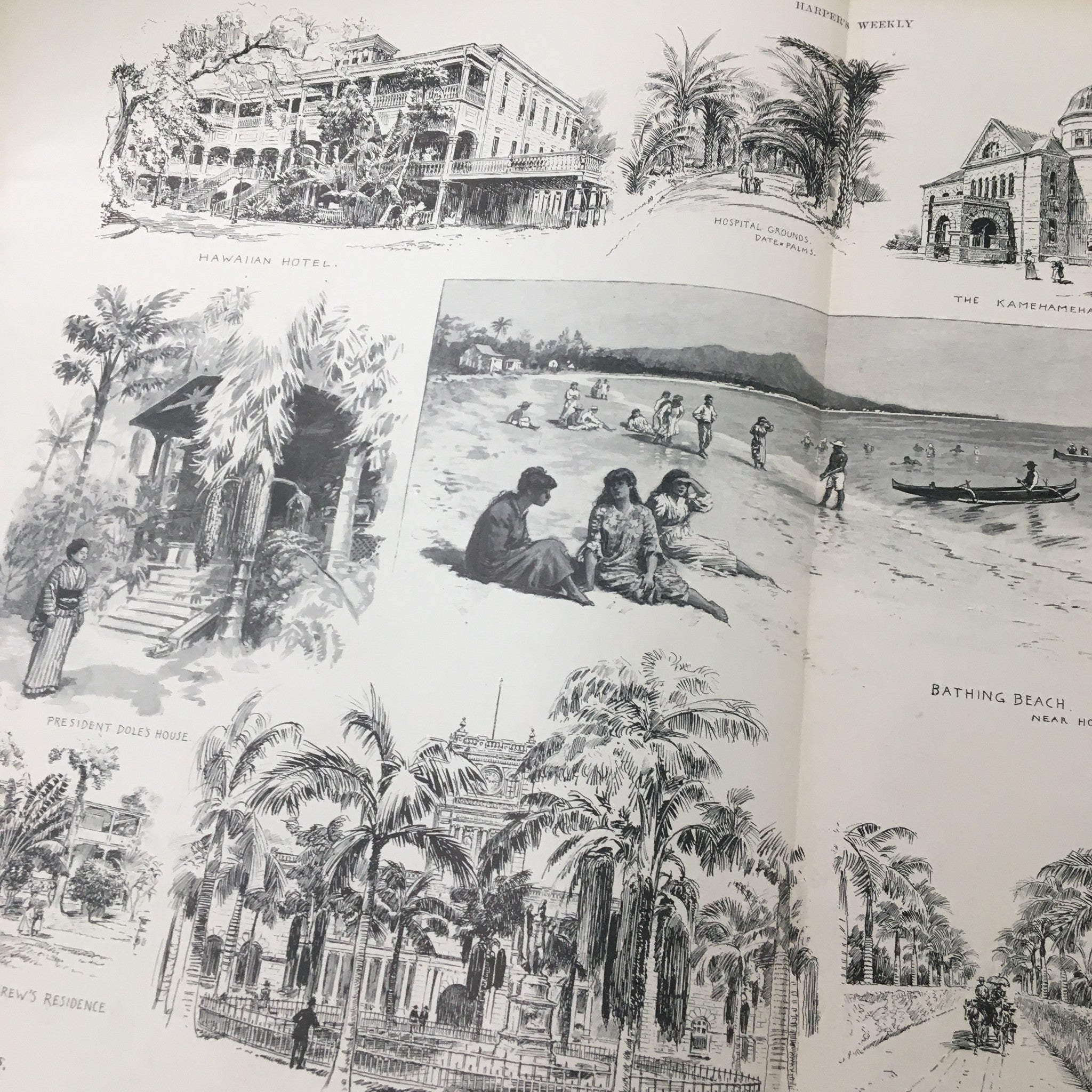Page from VTG Harper's Weekly Magazine August 7 1897 showcasing illustrations of Hawaiian Hotel, colorful scenery, and beach activities.