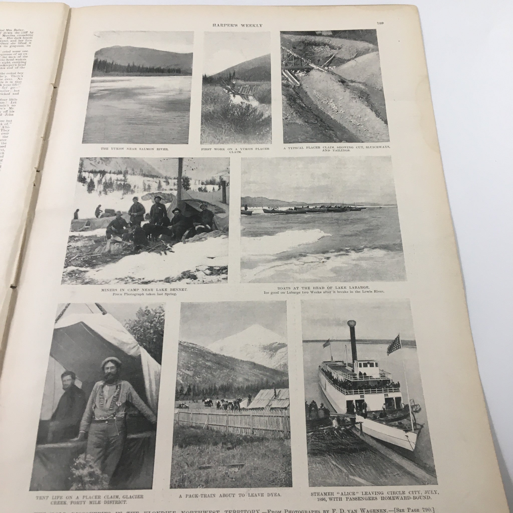 Page from VTG Harper's Weekly Magazine August 7 1897 featuring photographs of various landscapes, including Lake Lander and a group by a glacier.