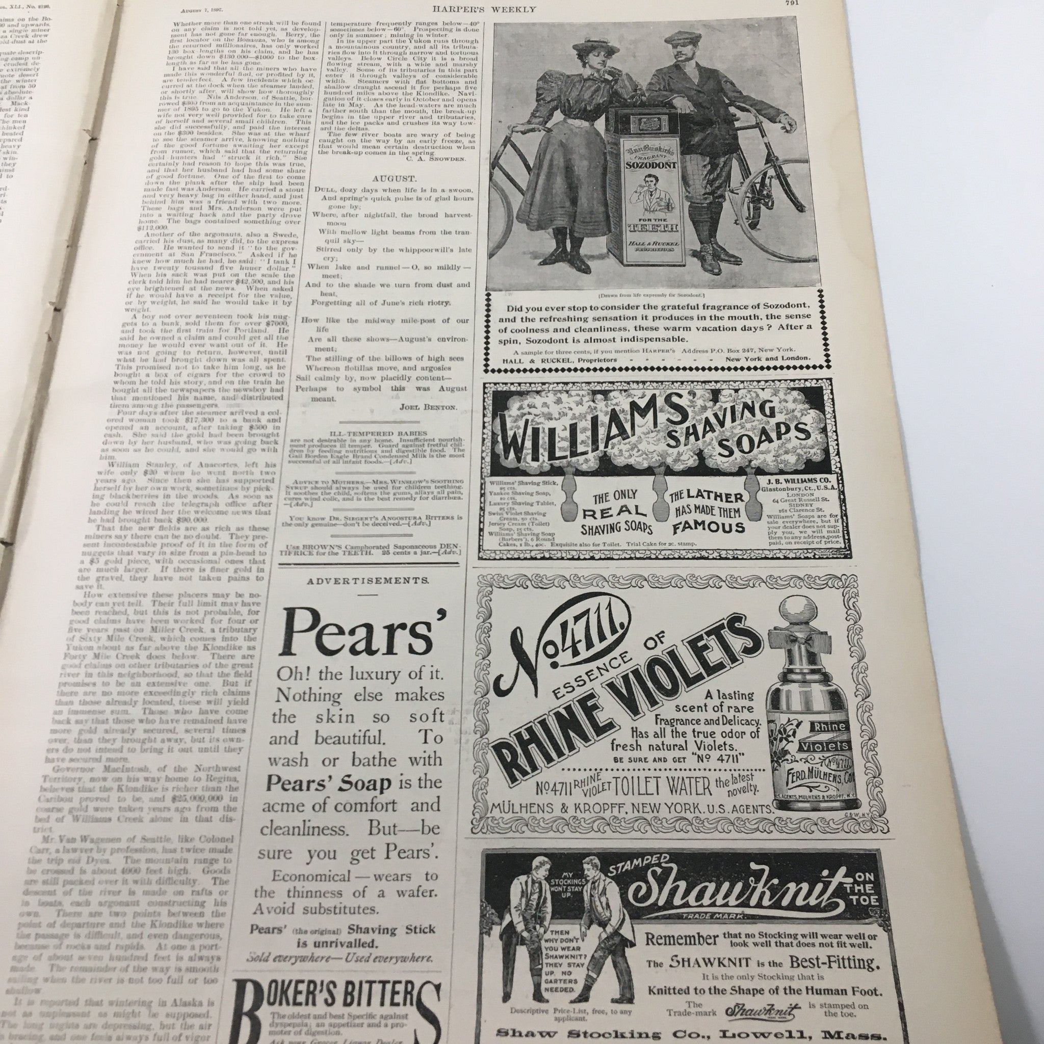 Page from VTG Harper's Weekly Magazine August 7 1897 displaying vintage advertisements for Pear's Soap and other products.