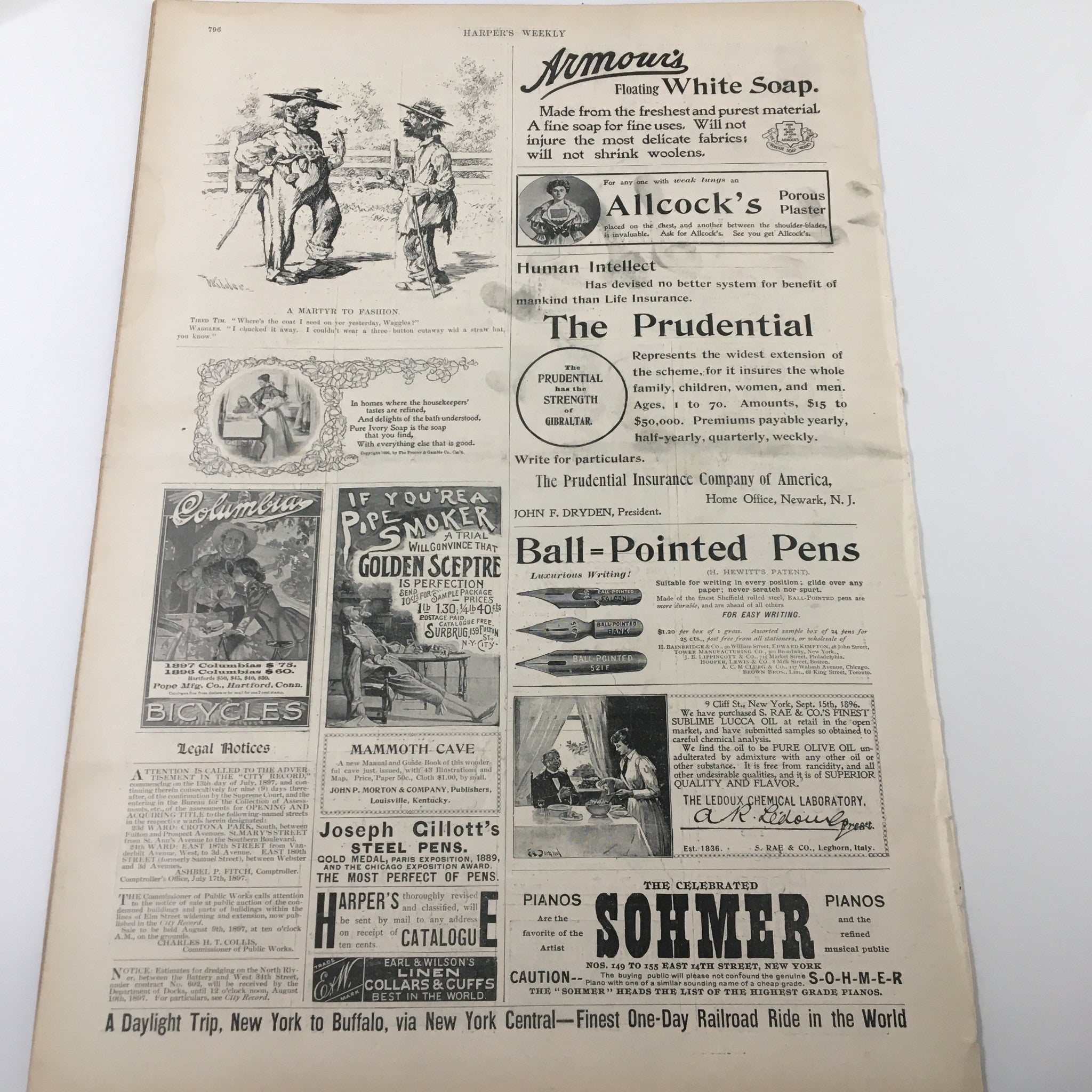 Page from VTG Harper's Weekly Magazine August 7 1897 featuring vintage ads, including bicycles and various products, reflecting late 19th-century commerce.