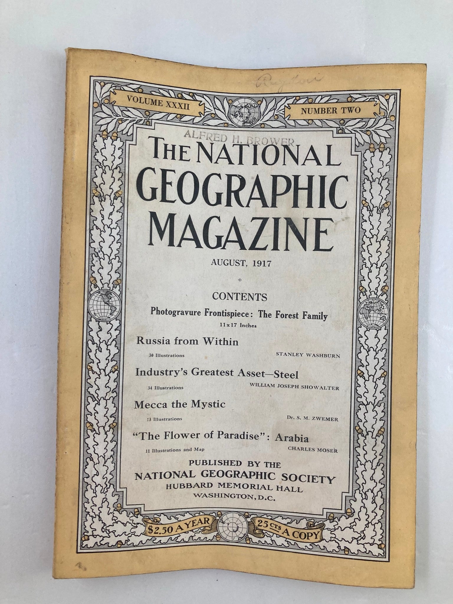 Cover page of The National Geographic Magazine August 1917 featuring the title and contents including 'Russia from Within', a pivotal article about Russia before the revolution.