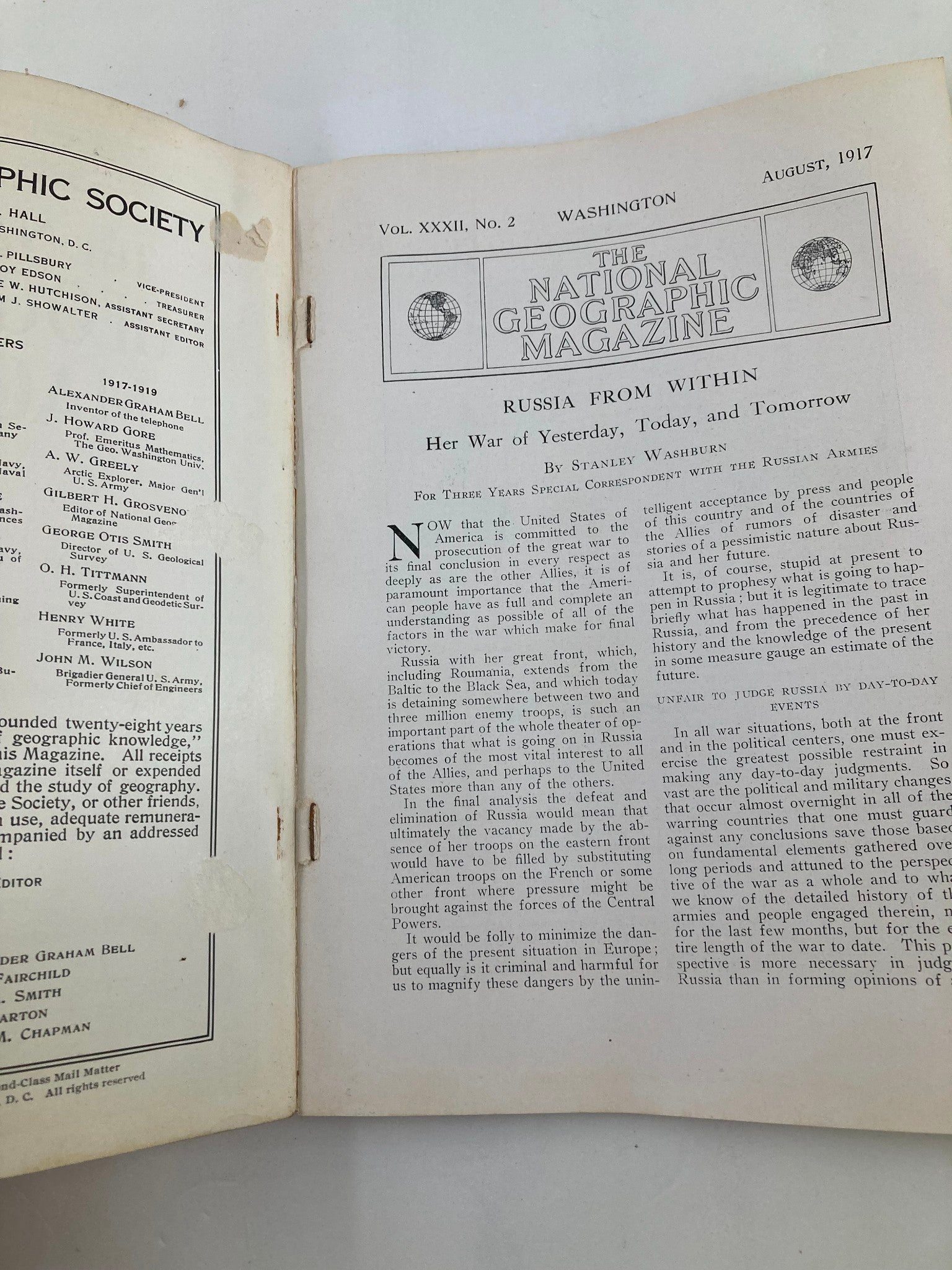Inside page of The National Geographic Magazine August 1917 featuring the beginning of the article 'Russia from Within', detailing its historical context and significance.