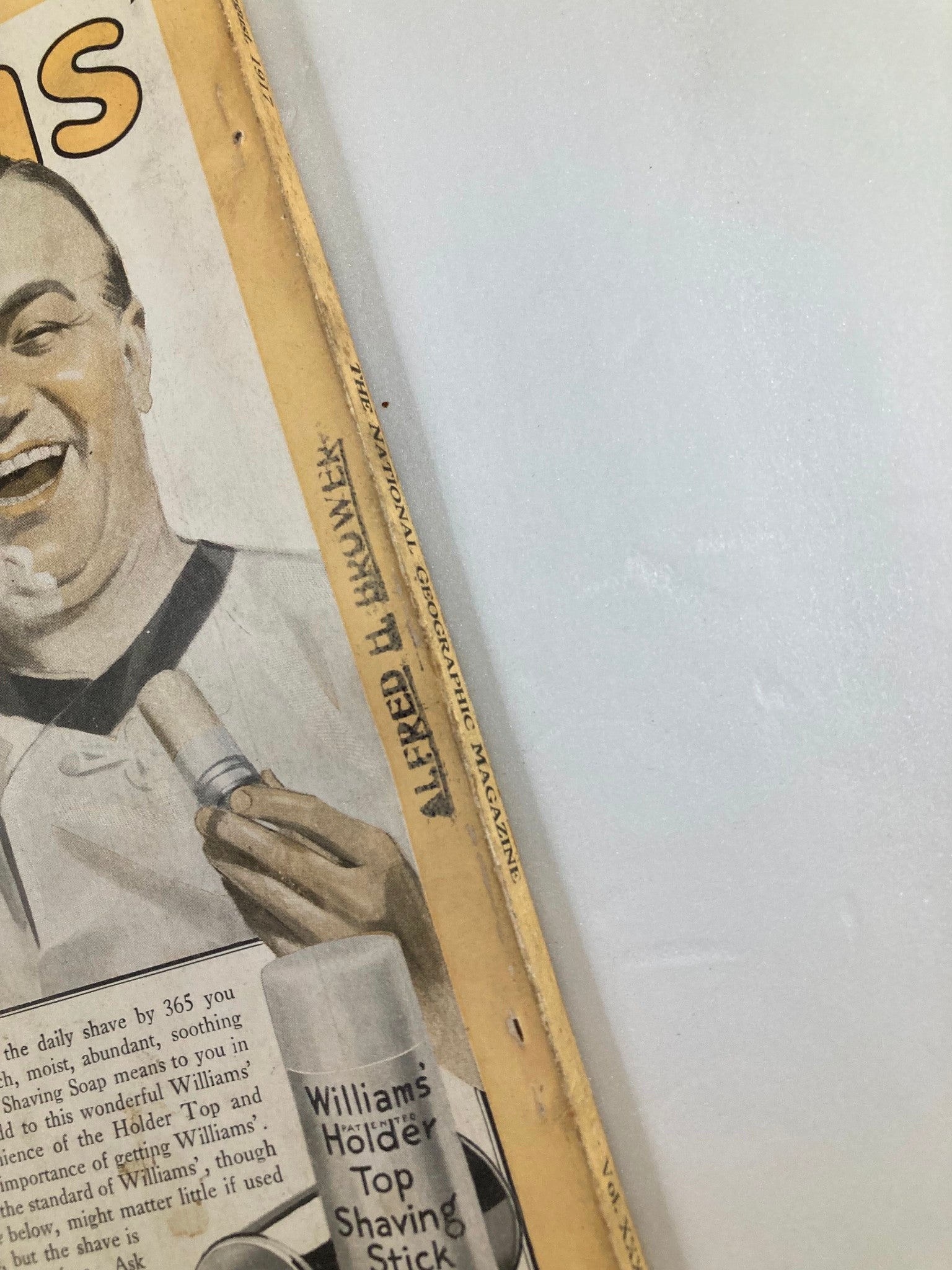 Close-up of the side of the vintage advertisement for Williams' Holder Top Shaving Stick from The National Geographic Magazine August 1917.