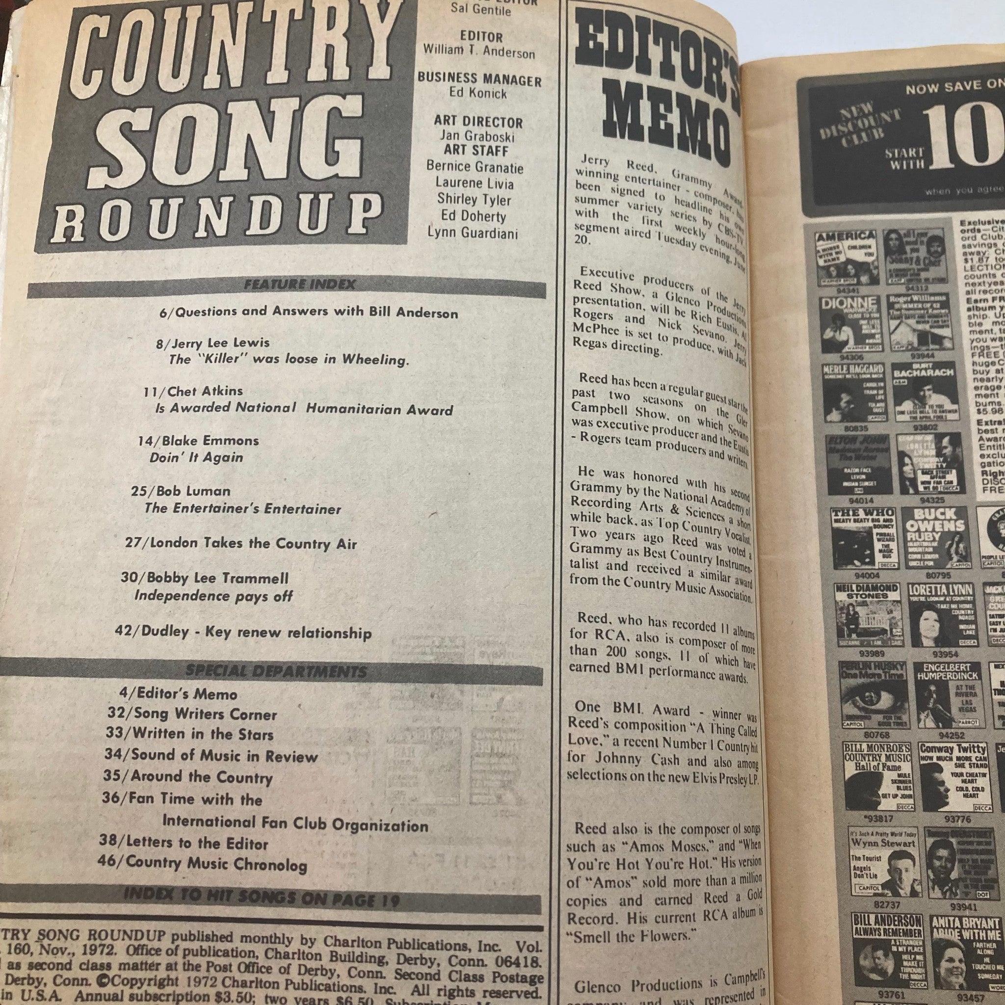 VTG Country Song Roundup Magazine November 1972 Jerry Lee Lewis