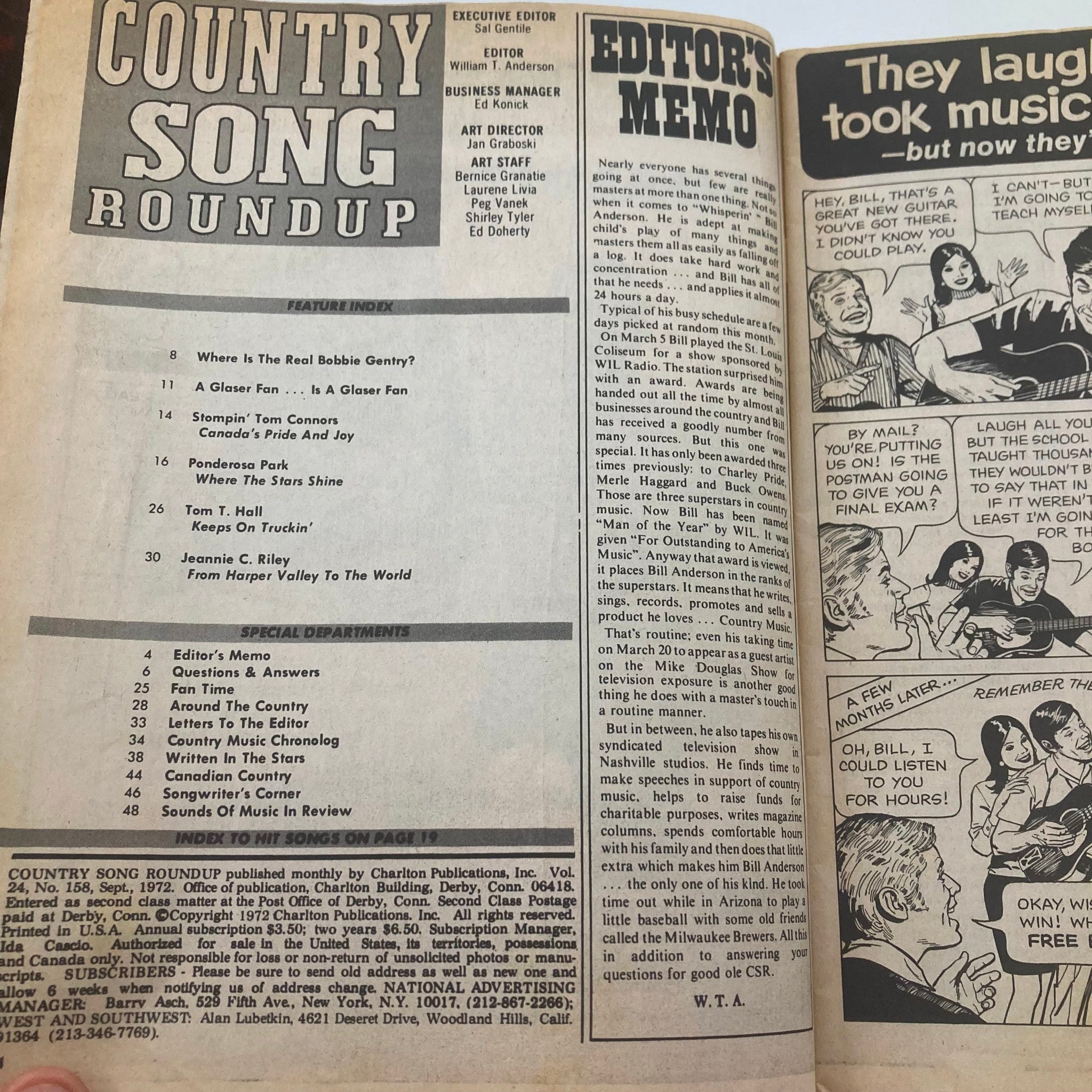 VTG Country Song Roundup Magazine September 1972 Stompin' Tom Connors