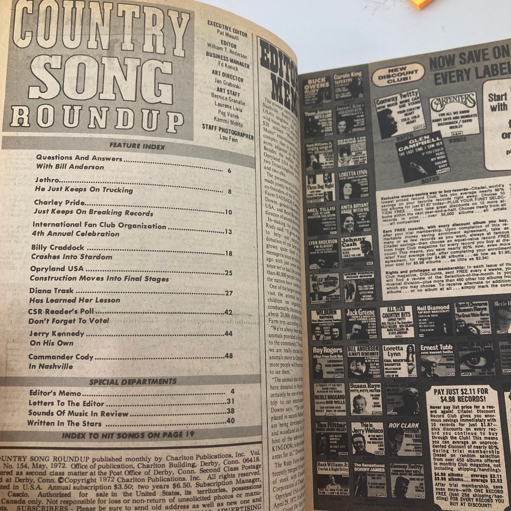 VTG Country Song Roundup Magazine May 1972 Bill Anderson & Charley Pride