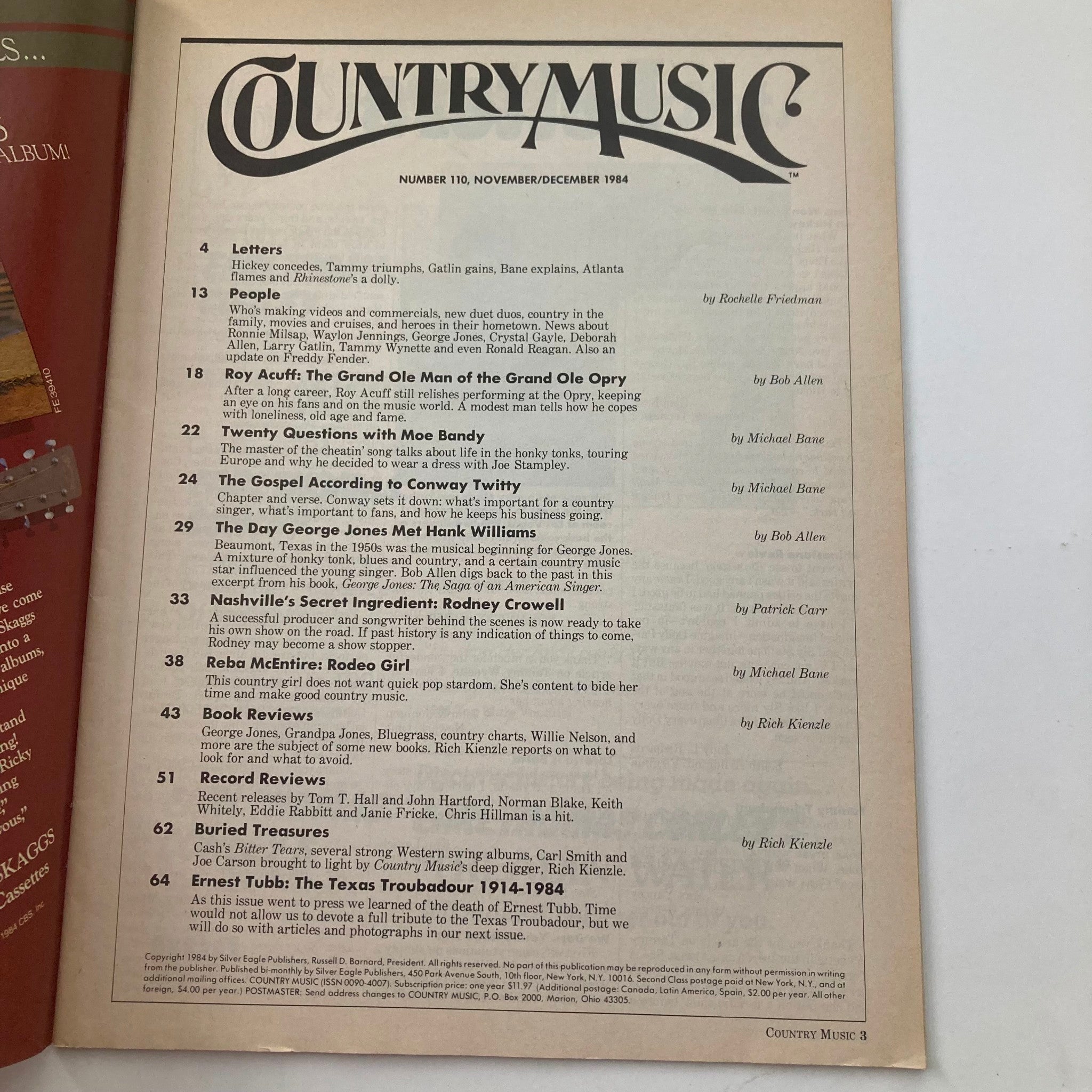 Interior page of VTG Country Music Magazine November 1984 showcasing the table of contents including 'The Gospel According to Conway Twitty'.