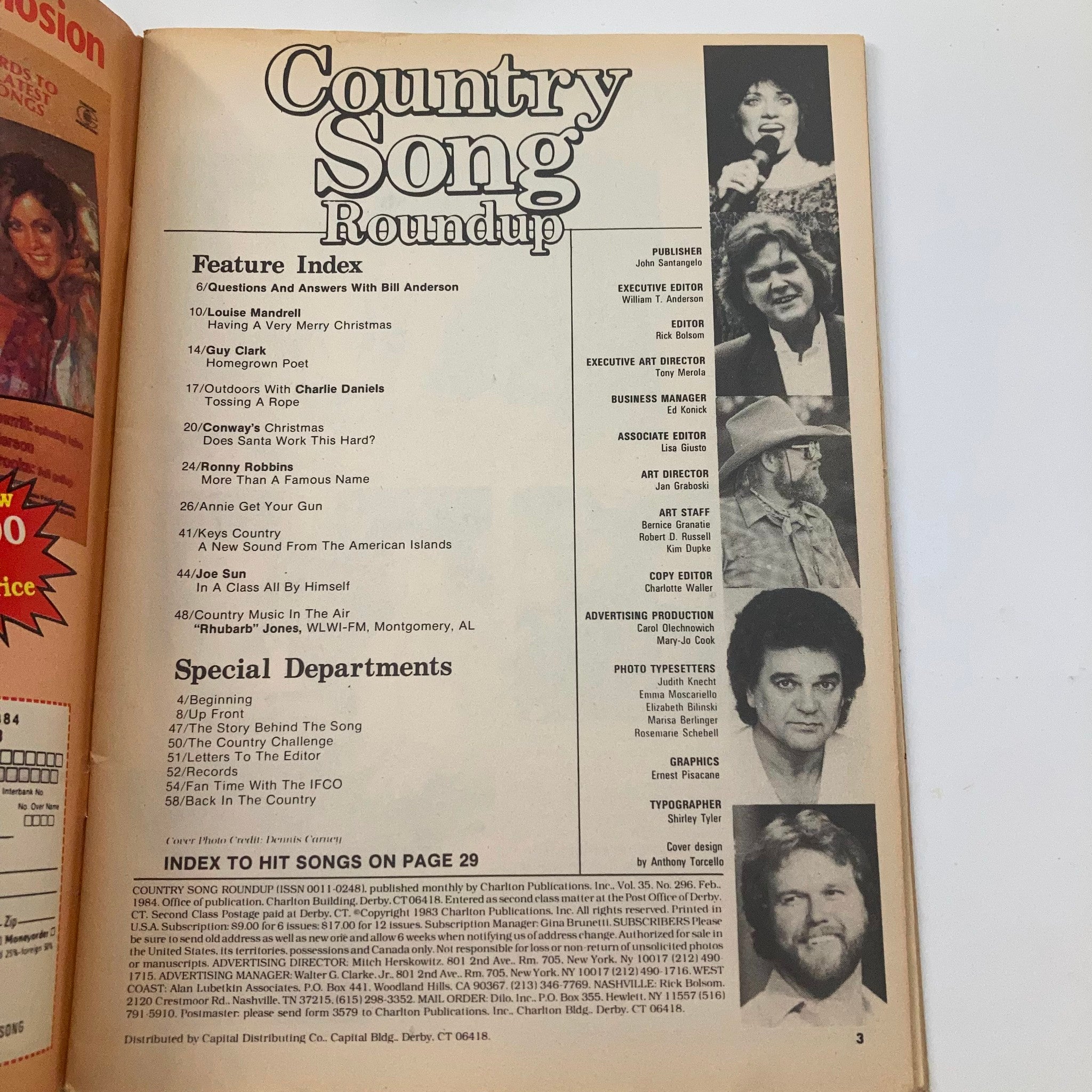 Feature index page from VTG Country Song Roundup Magazine March 1984, showcasing articles and interviews including those with Louise Mandrell and Charlie Daniels, reflecting the vibrant country music scene.