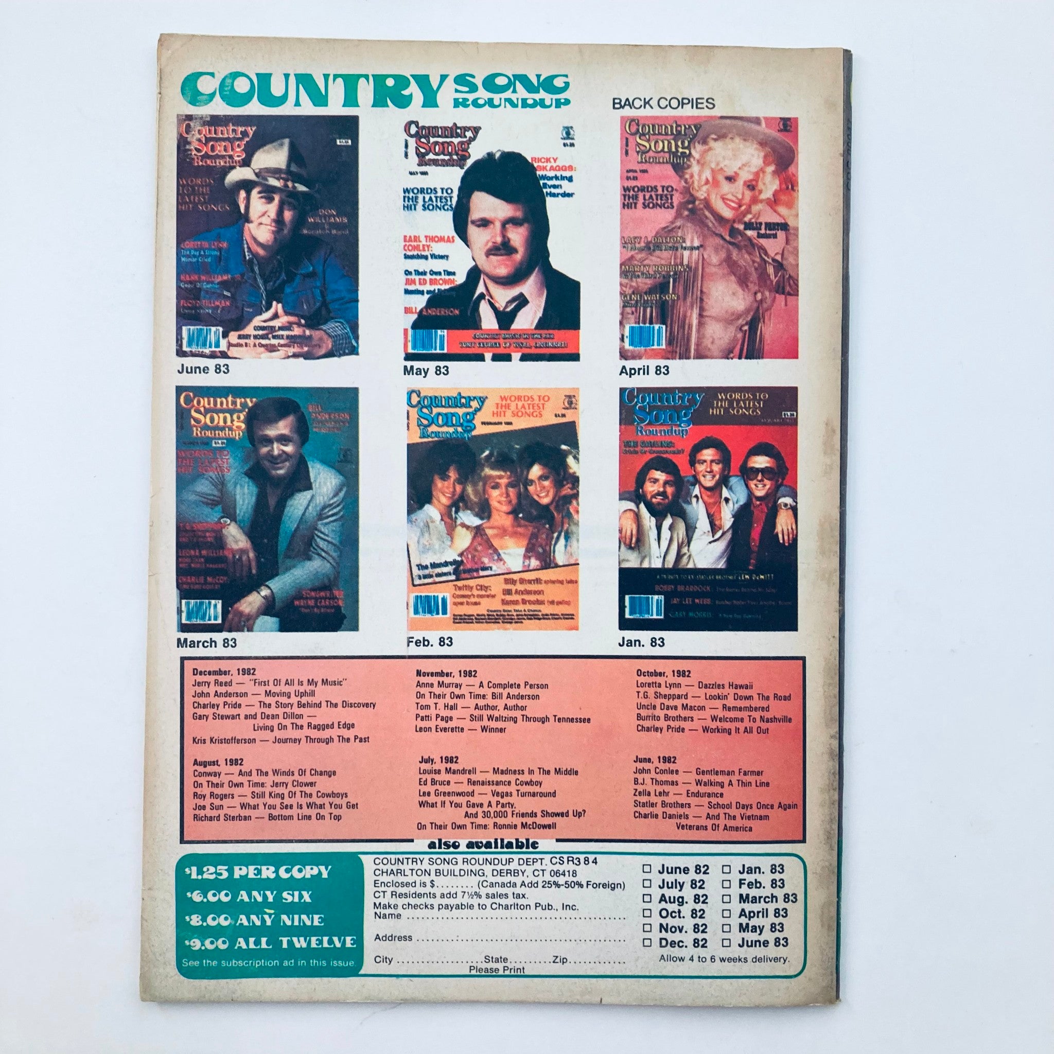 Back cover of VTG Country Song Roundup Magazine March 1984, listing previous issues and covers from earlier months, featuring popular country music artists, serving as a nostalgic reminder of the era.