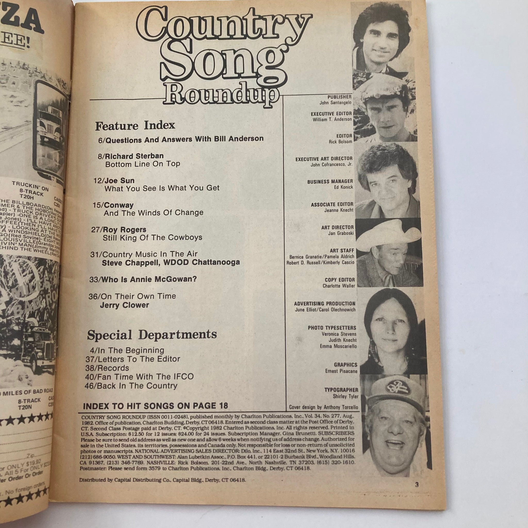 Inside page of the VTG Country Song Roundup Magazine August 1982, featuring the feature index including articles on Conway Twitty, Roy Rogers, and Joe Sun. The layout showcases the nostalgic design typical of early 80s country music publications.