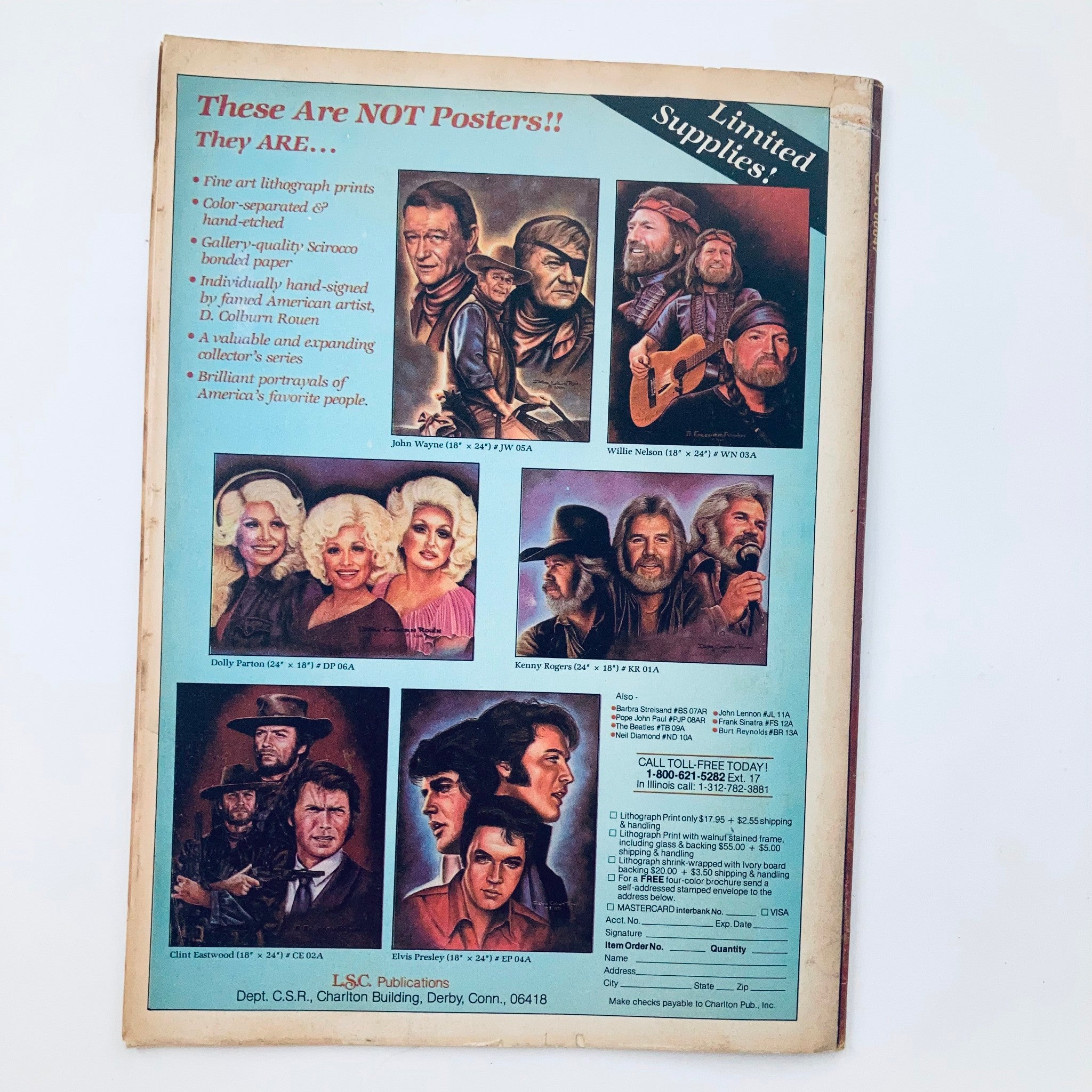 Back cover of VTG Country Song Roundup Magazine August 1982 featuring images of iconic country artists including Dolly Parton, John Wayne, Willie Nelson, and Elvis Presley, promoting lithograph prints and collectibles related to the country music scene.