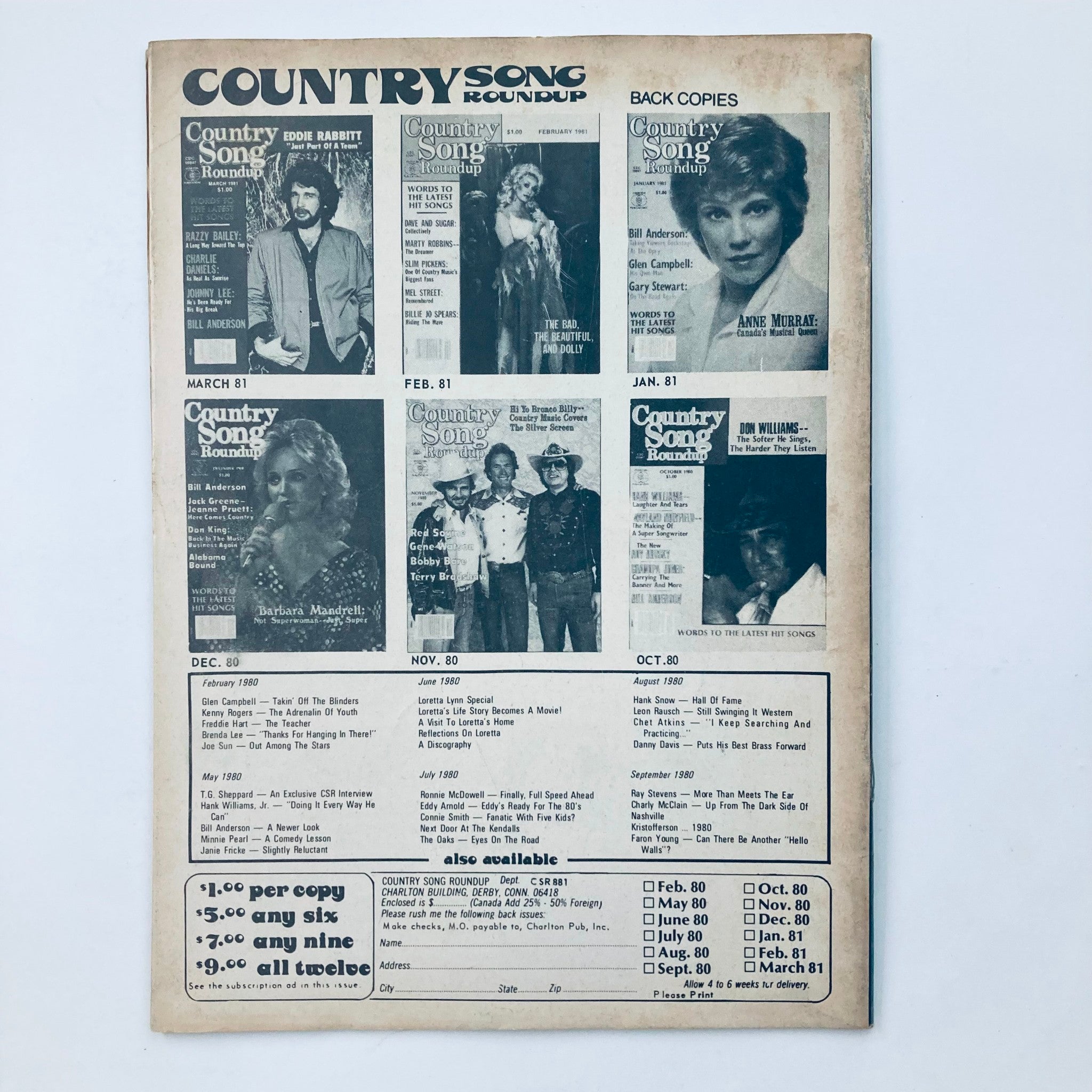 VTG Country Song Roundup Magazine August 1981 Bobby Goldsboro No Label