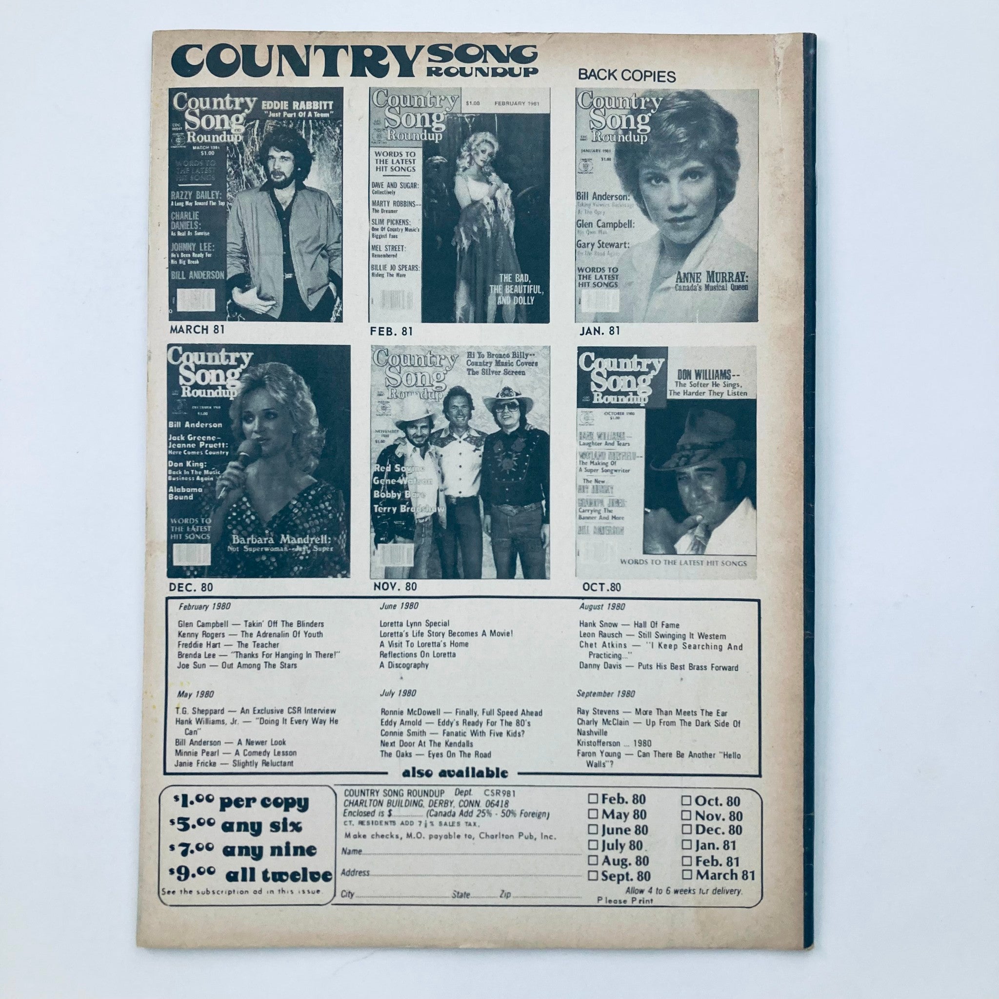 VTG Country Song Roundup Magazine September 1981 Bill Anderson & Dave Dudley