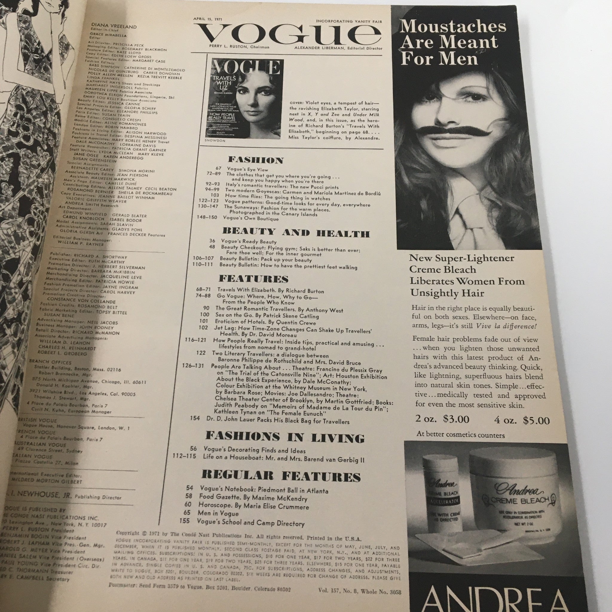 VTG Vogue Magazine April 15 1971 Travels with Elizabeth Taylor by Richard Burton