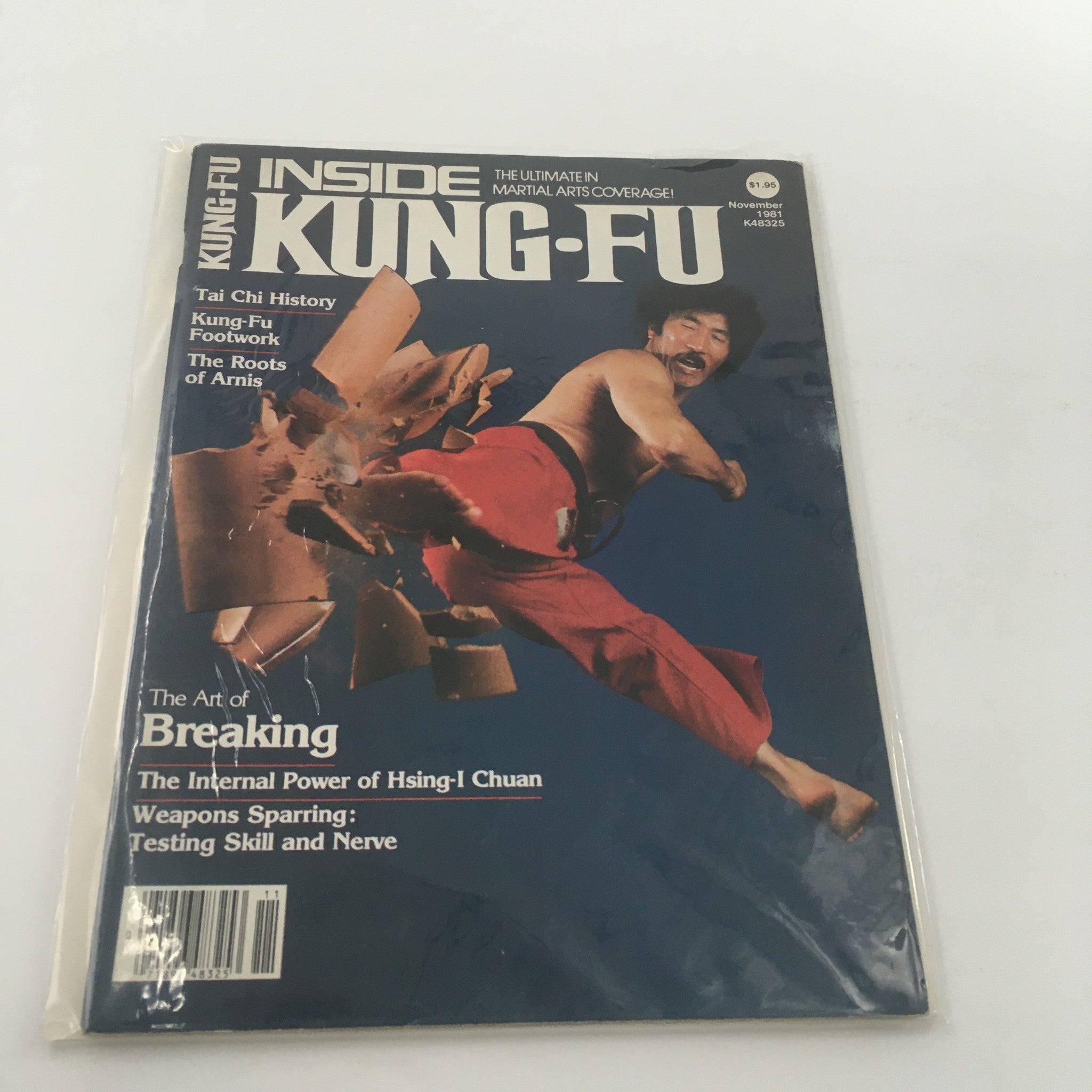 Front cover of VTG Inside Kung-Fu Magazine November 1981 featuring 'Tai Chi History', a martial artist breaking boards, and articles on Kung-Fu footwork and the roots of Arnis.