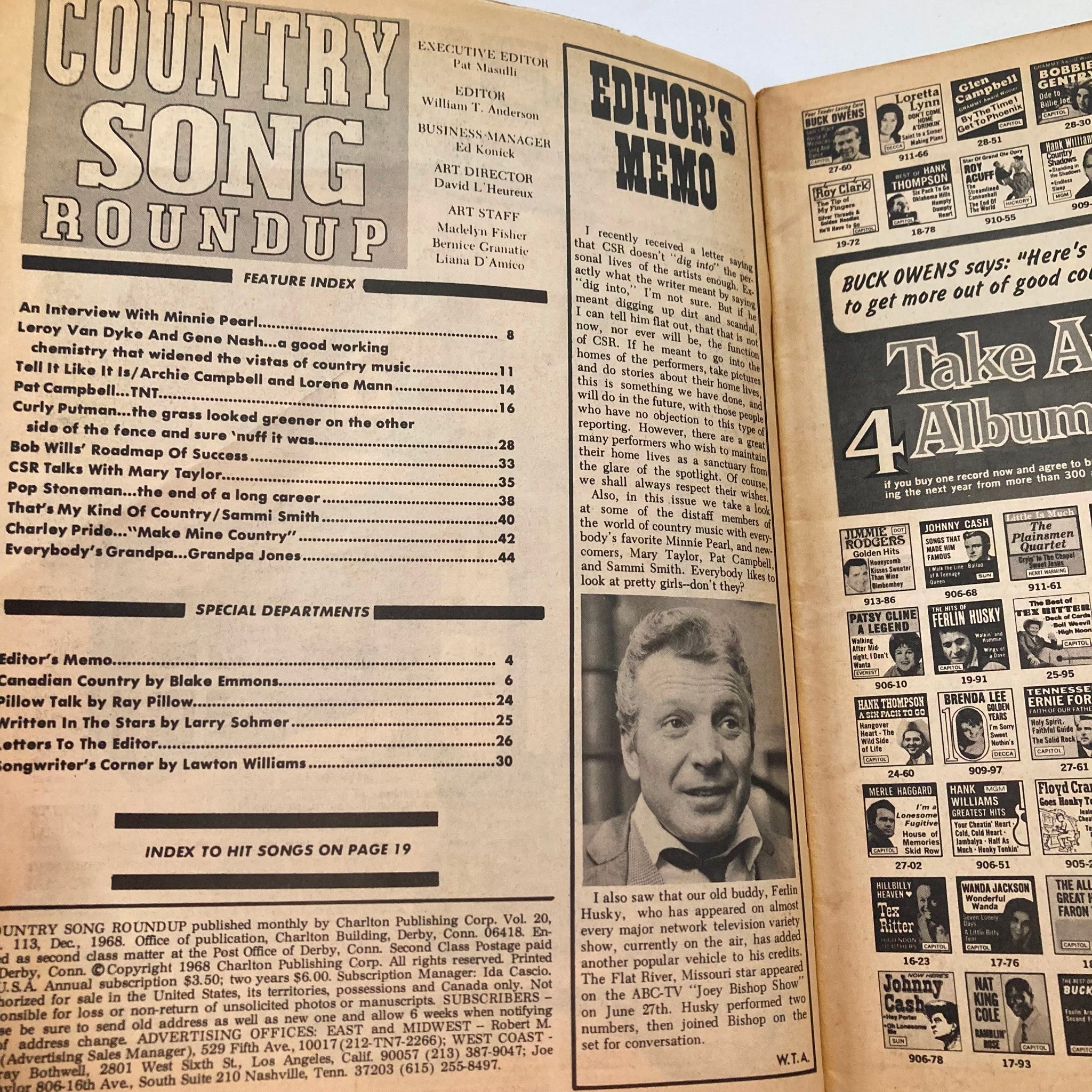 VTG Country Song Roundup Magazine December 1968 Minnie Pearl & Leroy Van Dyke