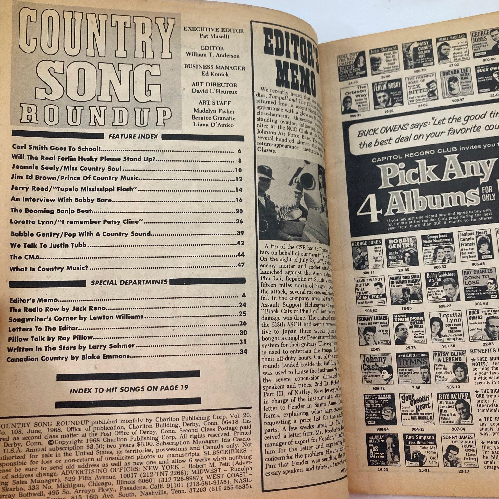 VTG Country Song Roundup Magazine June 1968 Ferlin Husky, Loretta Lynn No Label