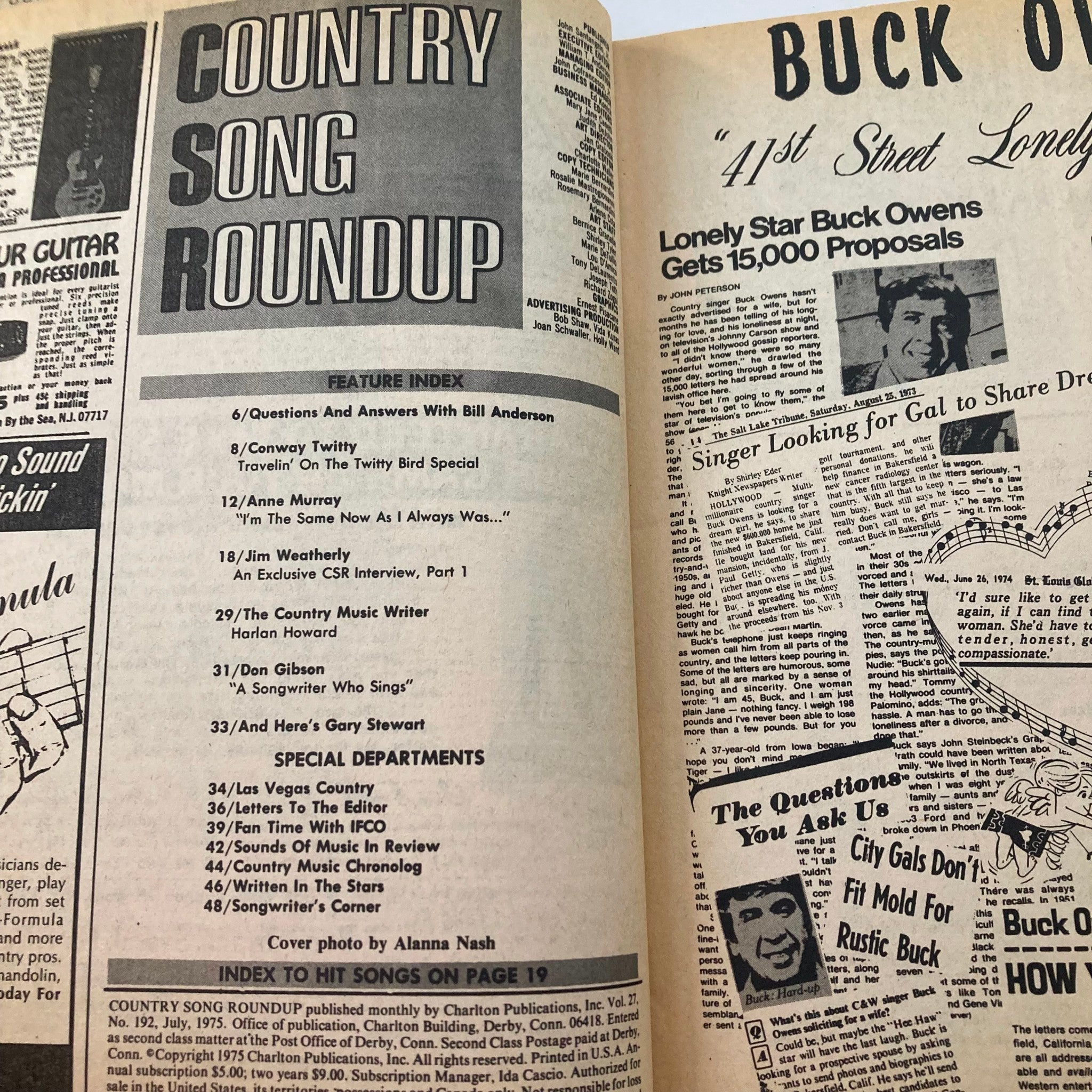 VTG Country Song Roundup Magazine July 1975 Anne Murray & Conway Twitty