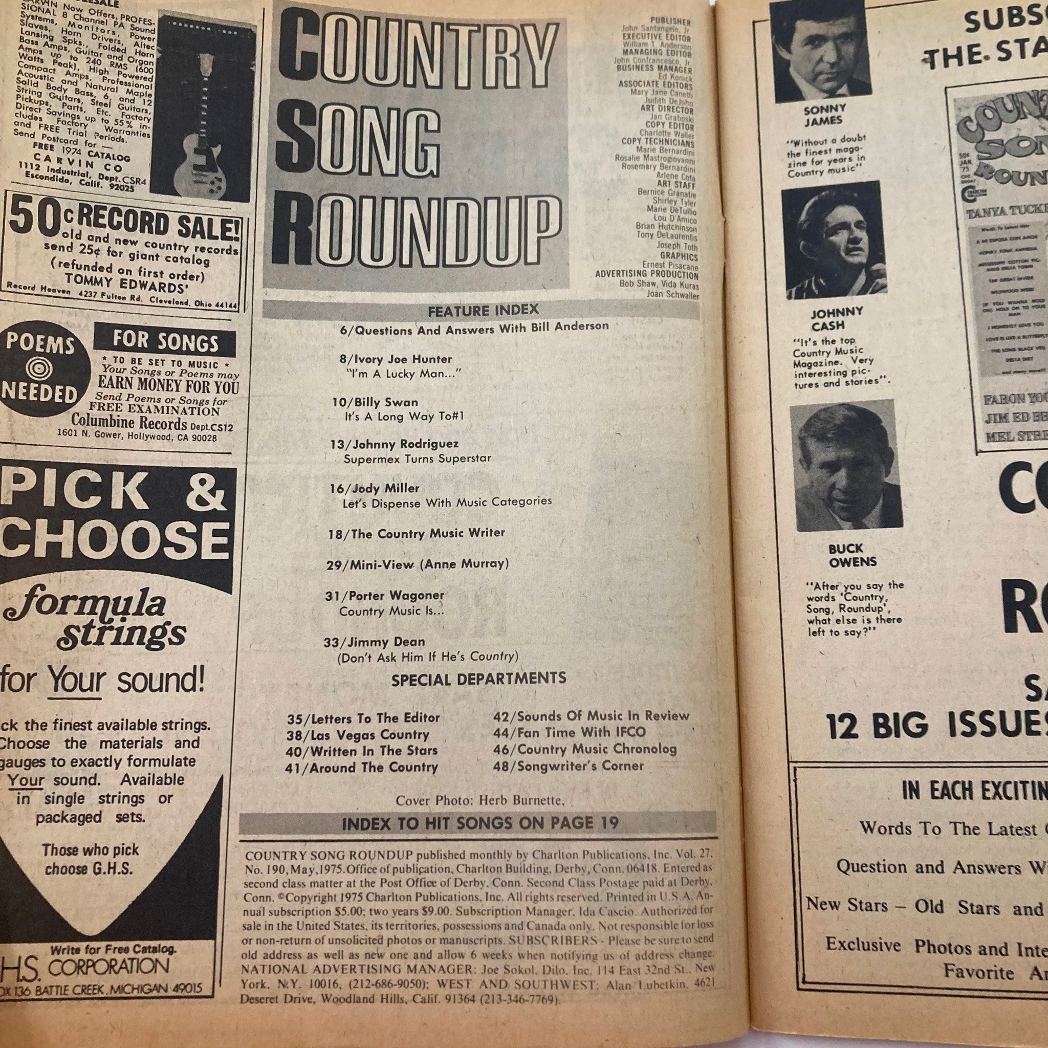 VTG Country Song Roundup Magazine May 1975 Johnny Rodriguez & Billy Swann