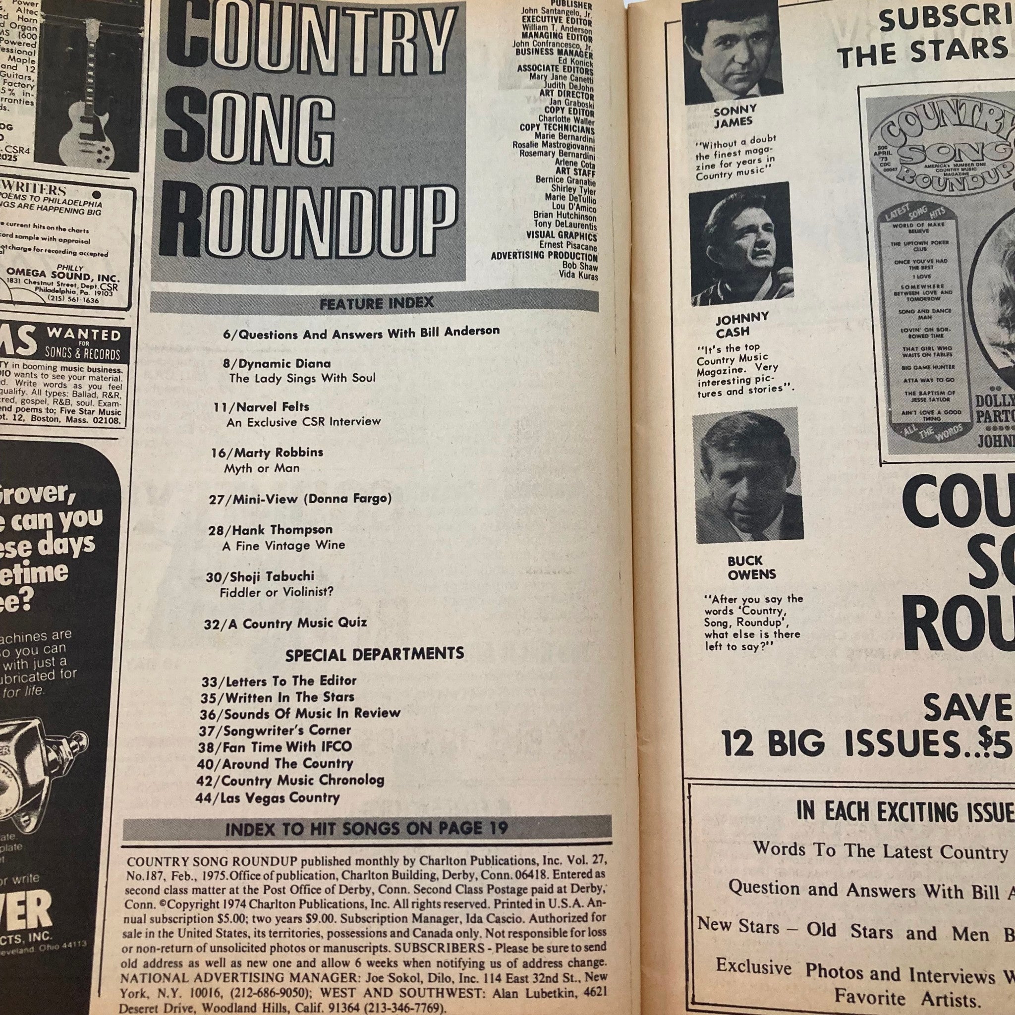 VTG Country Song Roundup Magazine February 1975 Marty Robbins & Donna Fargo