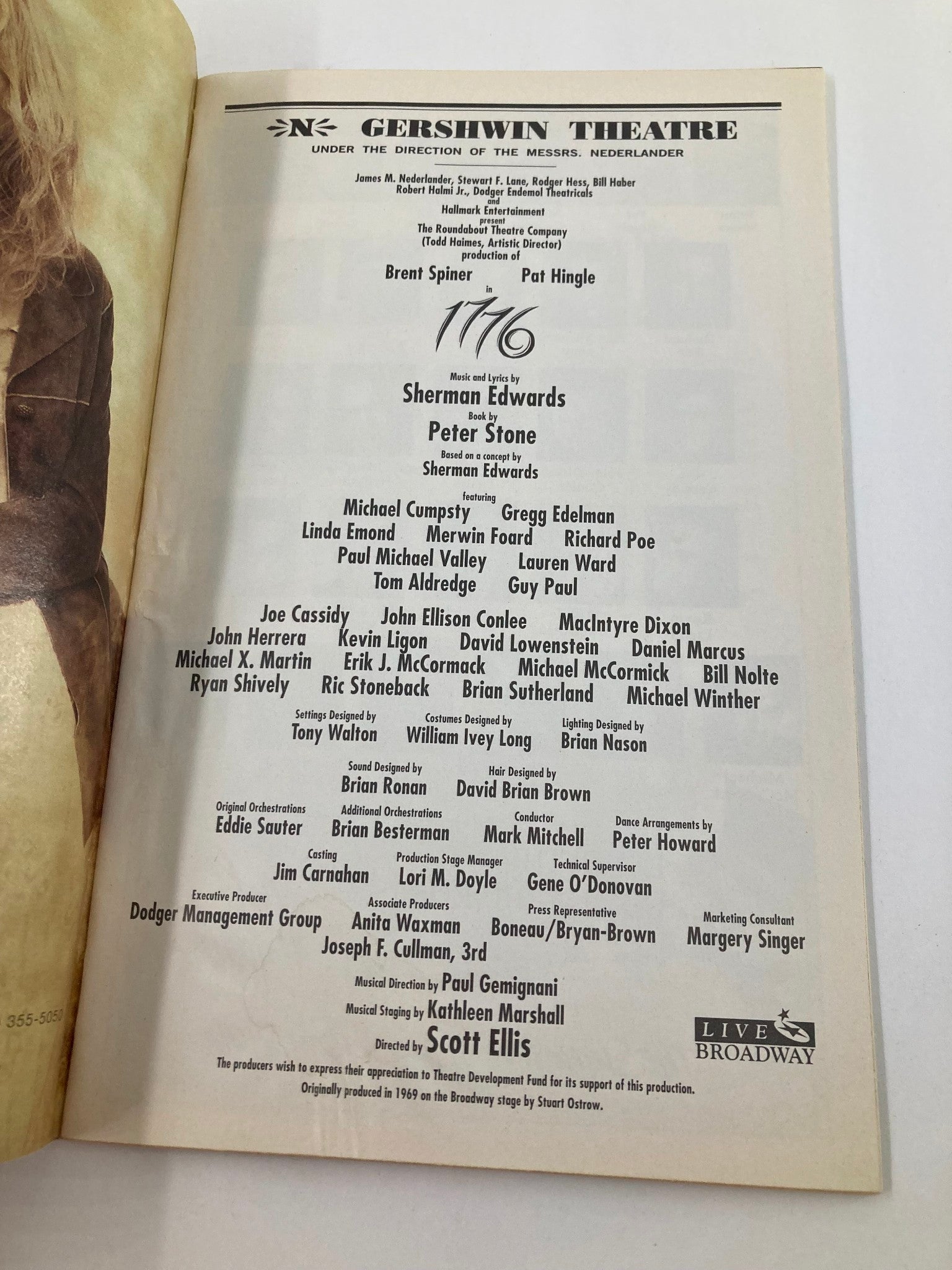 1998 Playbill Gershwin Theatre Brent Spiner, Pat Hingle in 1776 by Scott Ellis