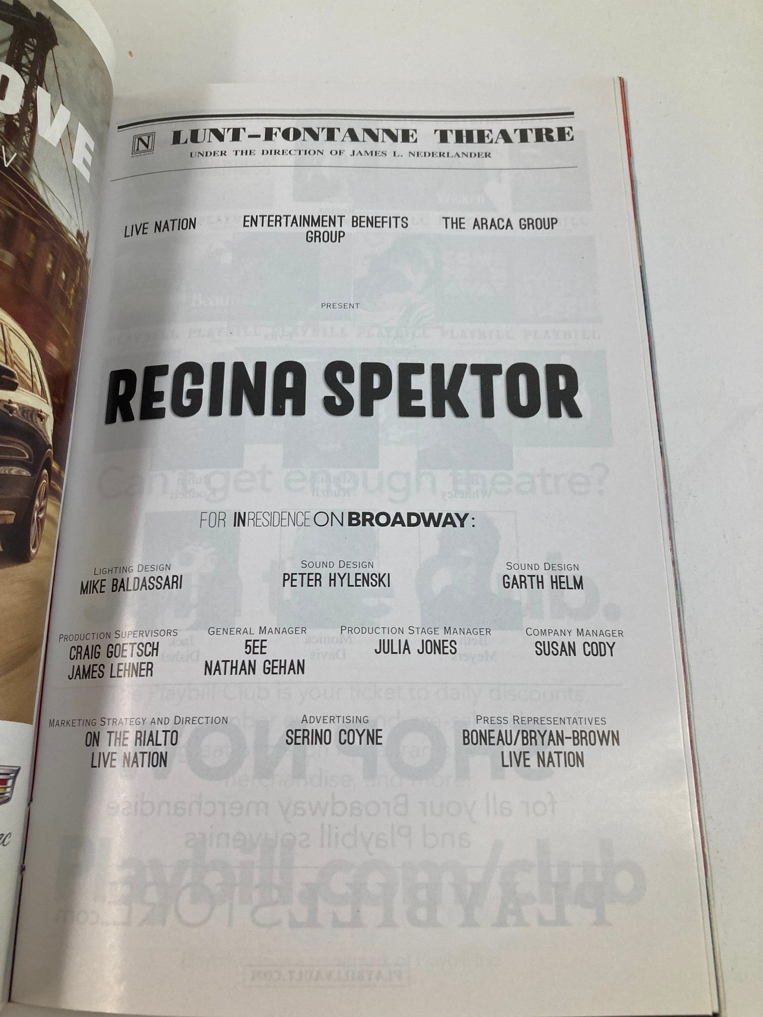 2019 Playbill Lunt Fontanne Theatre Regina Spektor on Broadway