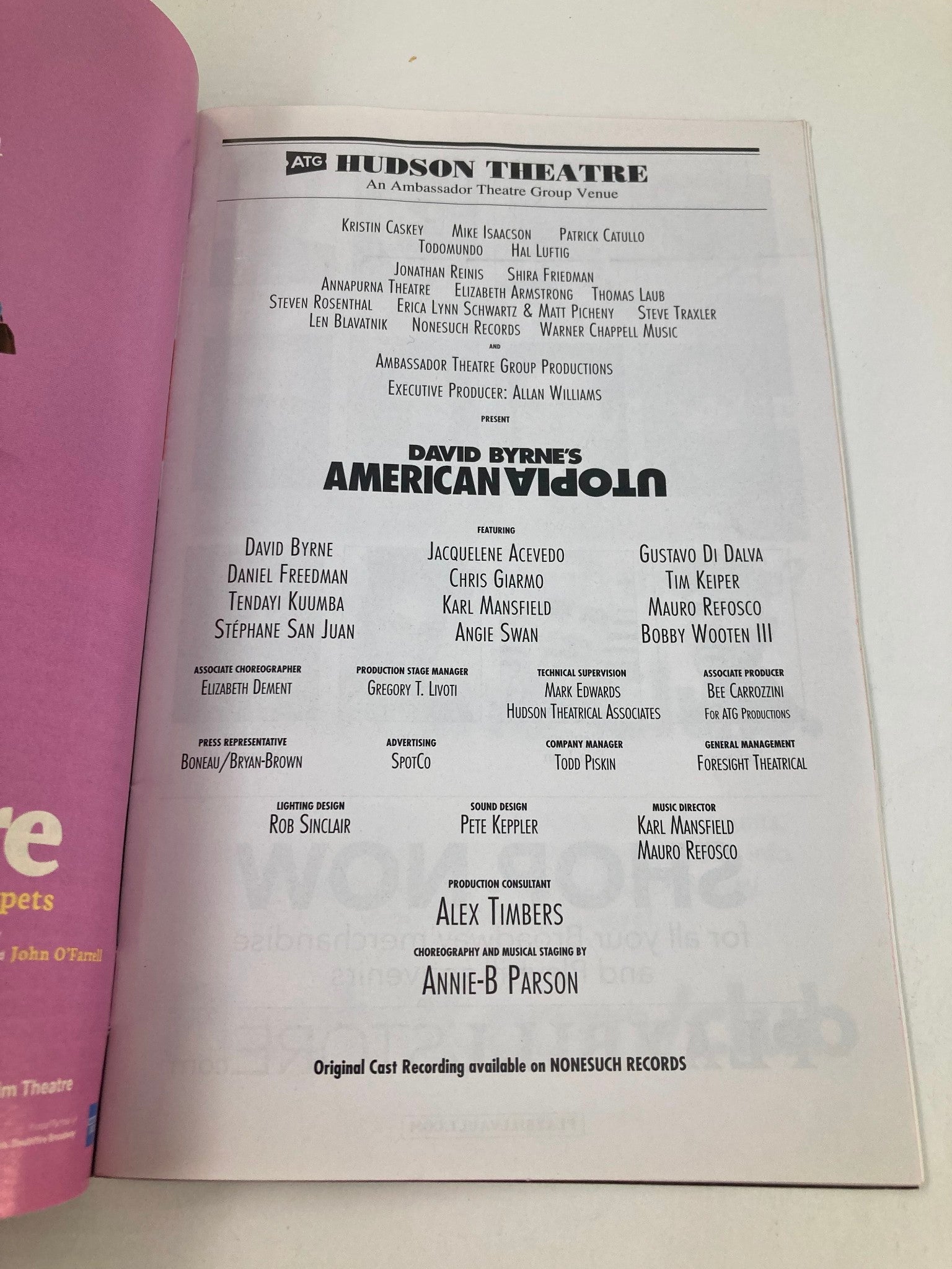 2020 Playbill Hudson Theatre David Byrne, Chris Giarmo in American Utopia