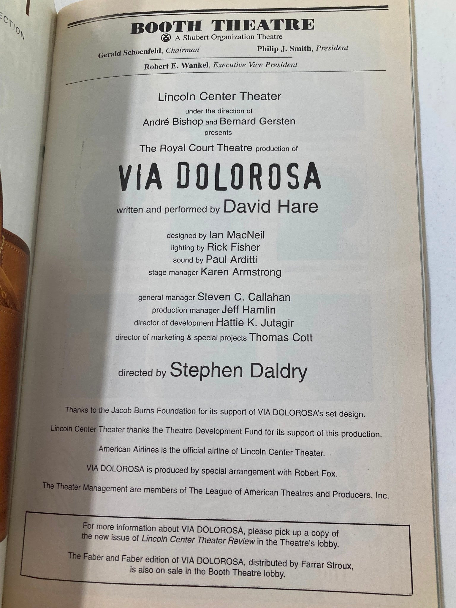 1999 Playbill Booth Theatre Via Dolorosa by Stephen Daldry