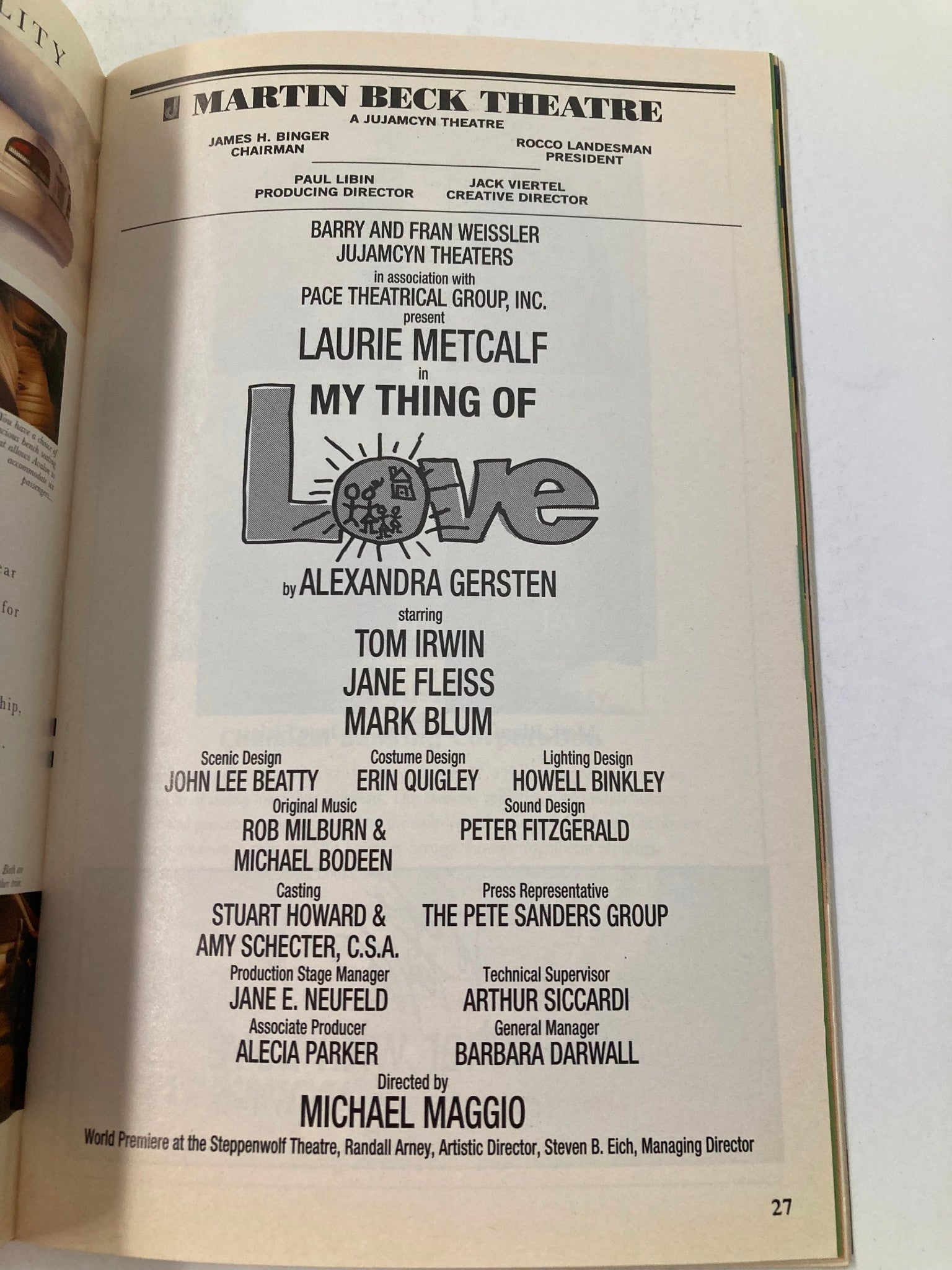 1995 Playbill Martin Beck Theatre Laurie Metcalf in My Thing of Love