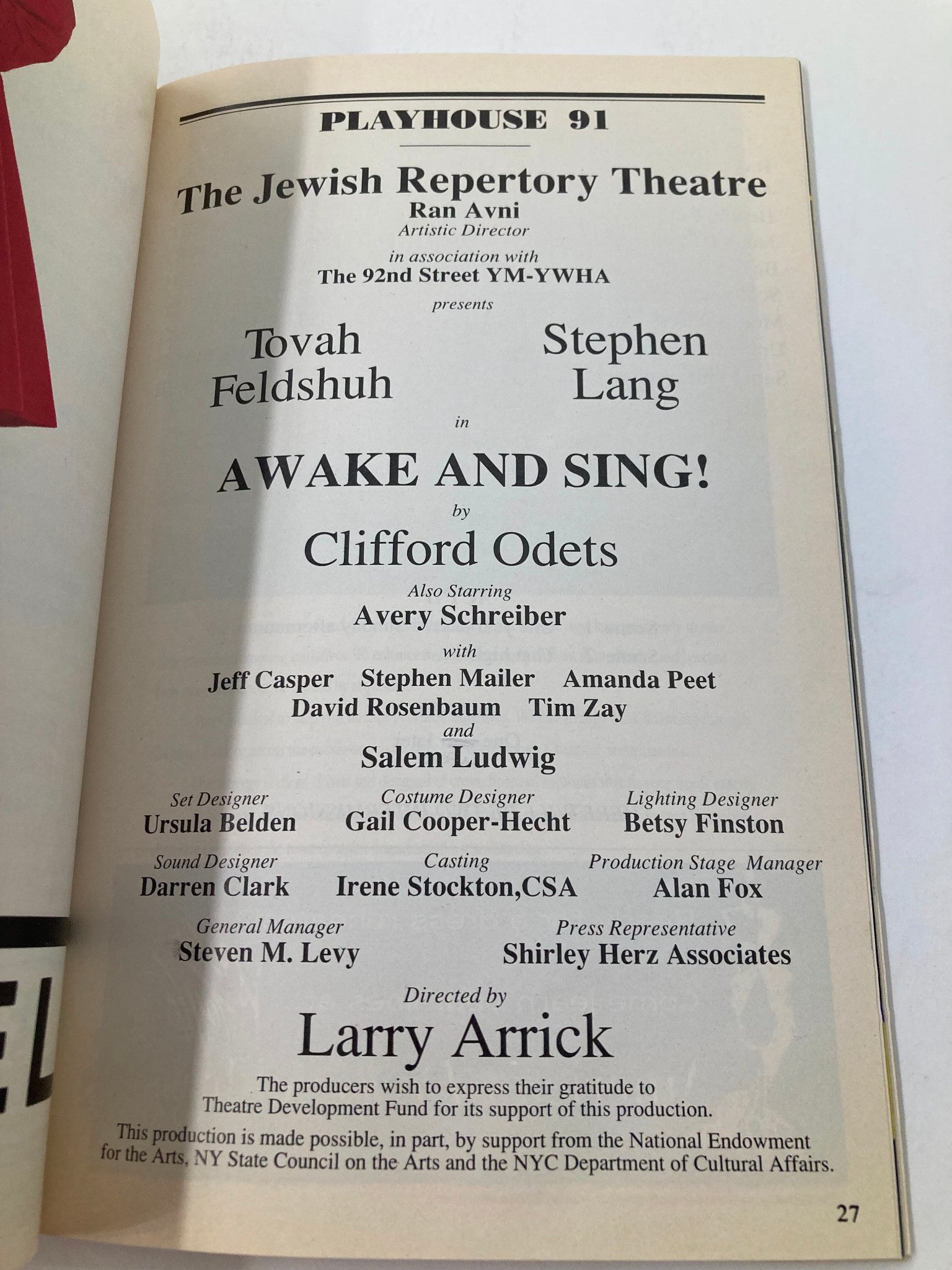 1995 Playbill Playhouse 91 Tovah Feldshuh, Stephen Lang in Awake and Sing!