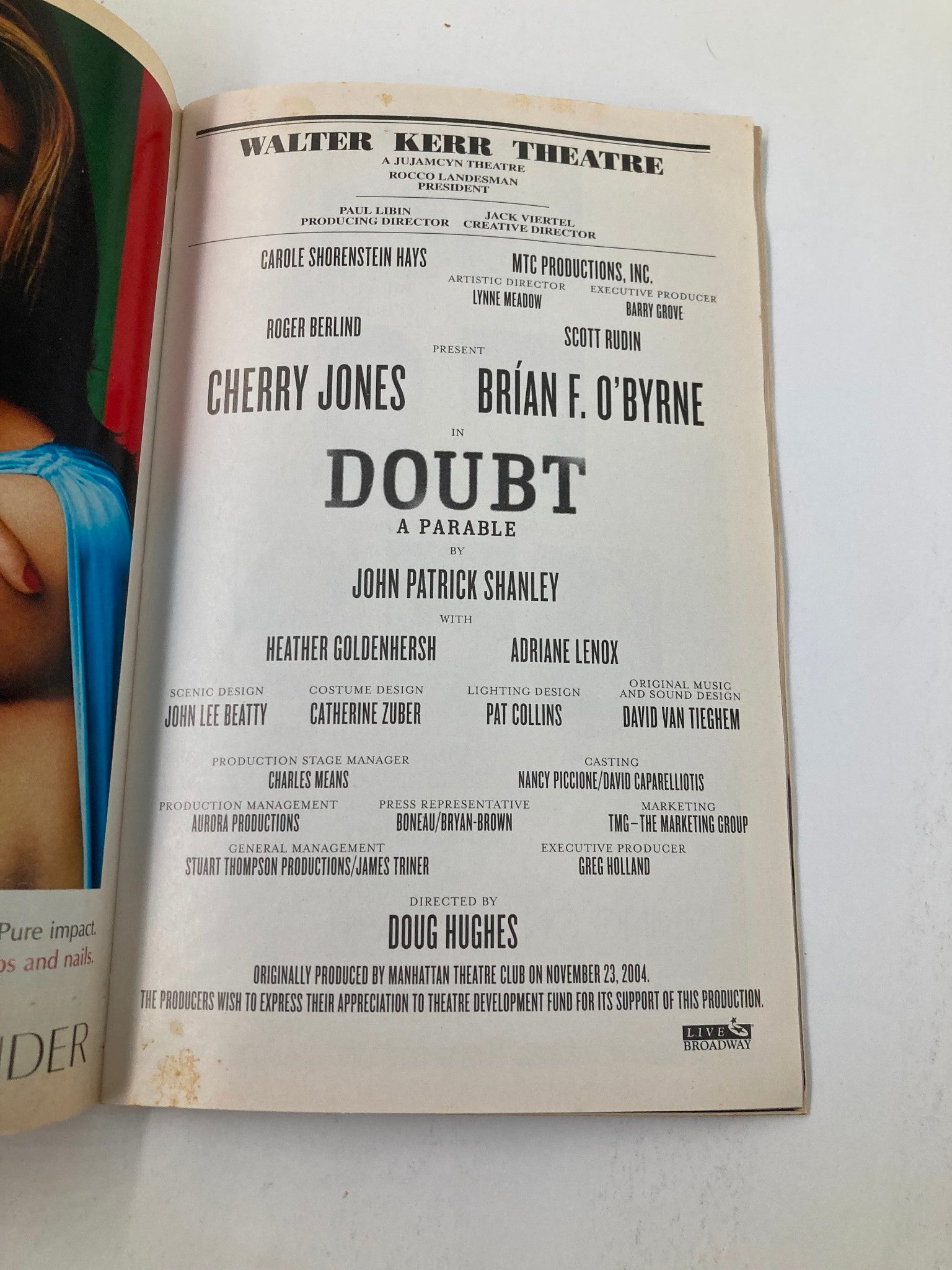 2005 Playbill Walter Kerr Theatre Cherry Jones, Brian O'Byrne in Doubt A Parable