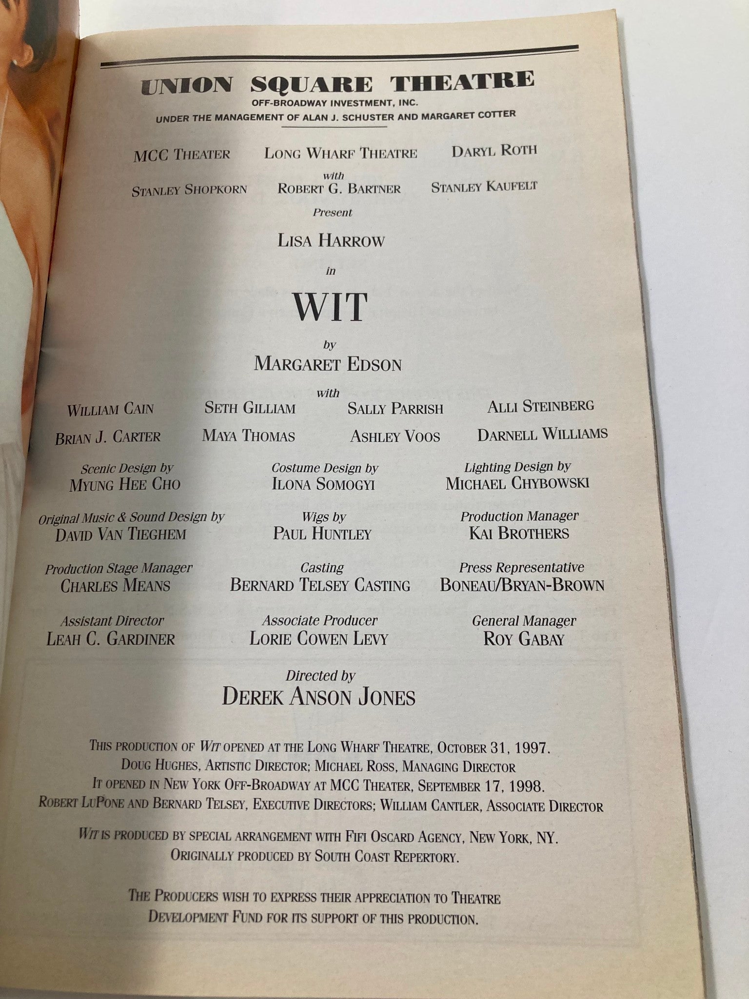 2000 Playbill Union Square Theatre Lisa Harrow, William Cain in Wit