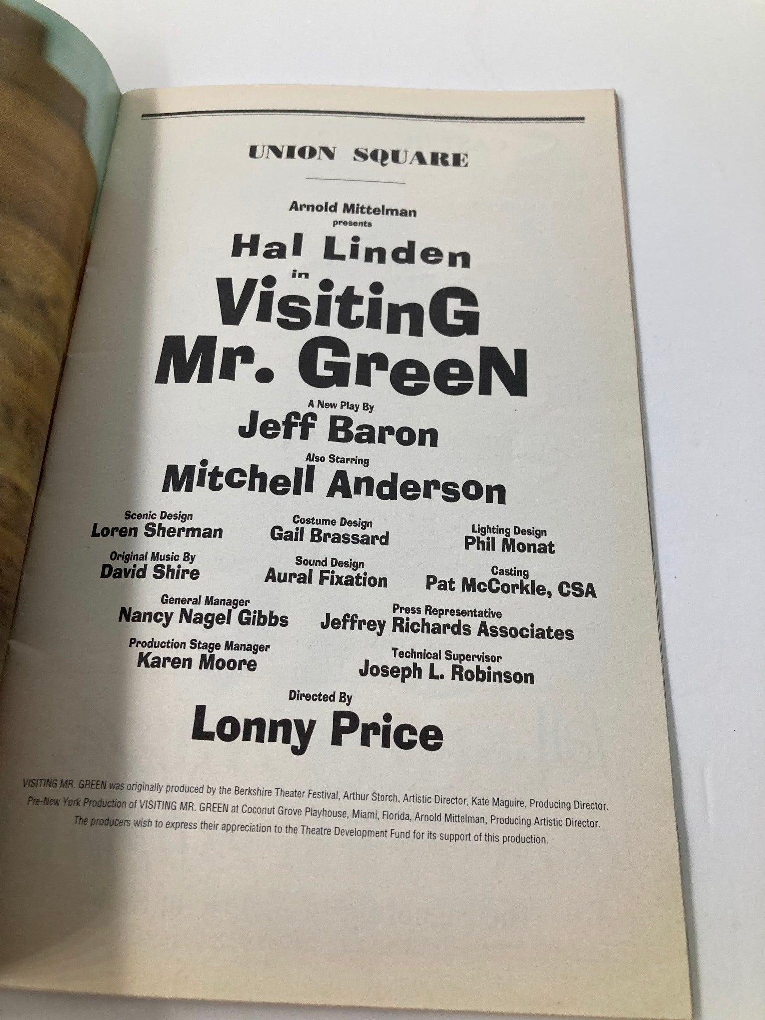 1998 Playbill Union Square Hal Linden, Mitchell Anderson in Visiting Mr. Green