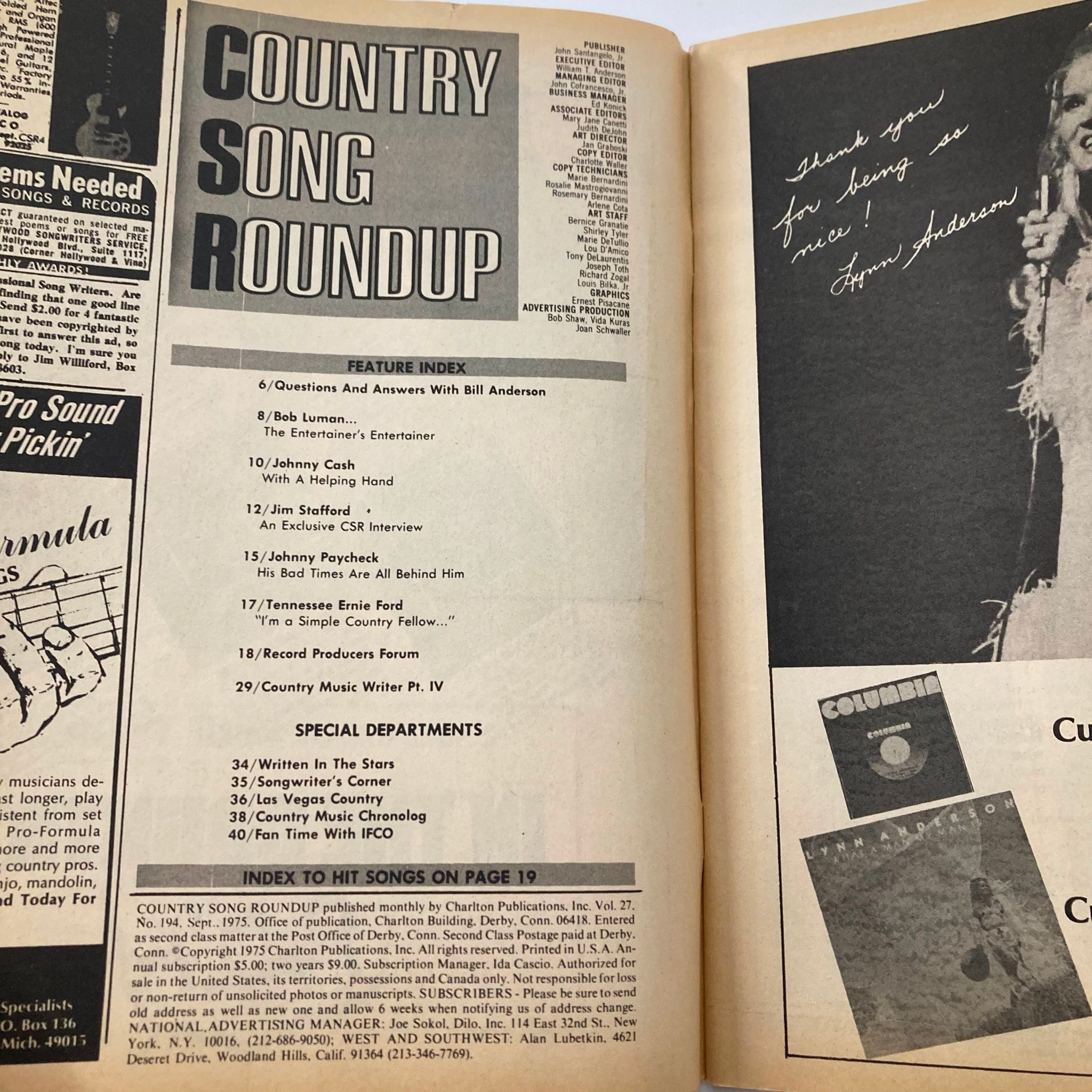 VTG Country Song Roundup Magazine September 1975 Johnny Cash & Bob Luman