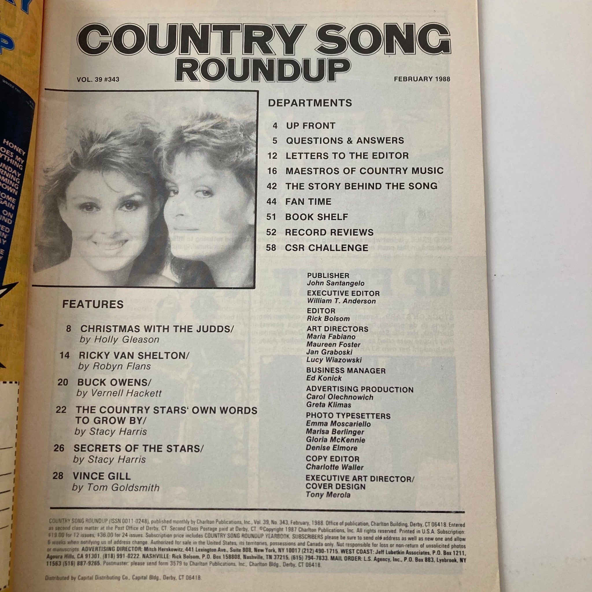 VTG Country Song Roundup Magazine February 1988 Christmas with The Judds