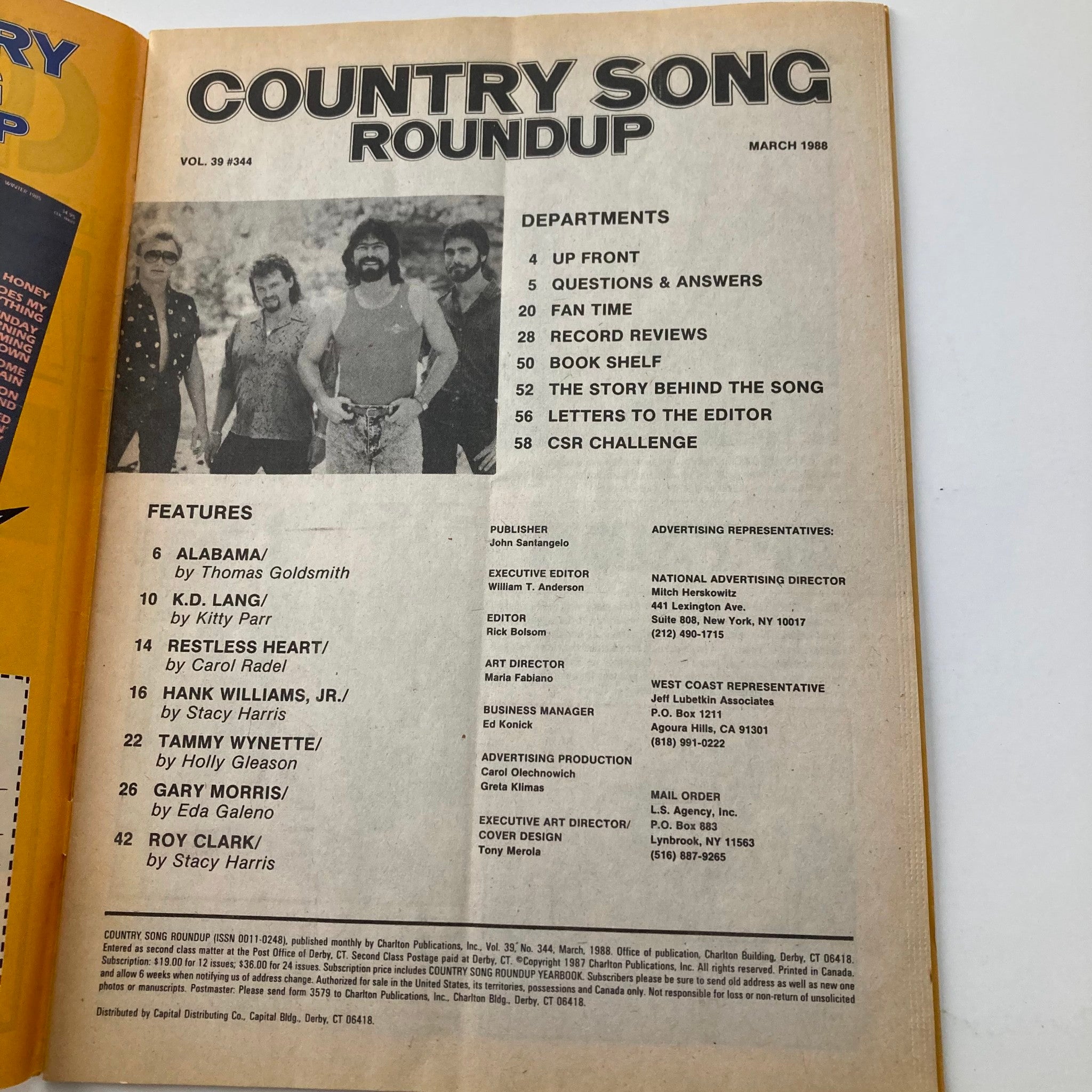 VTG Country Song Roundup Magazine March 1988 Alabama, KD Lang & Gary Morris