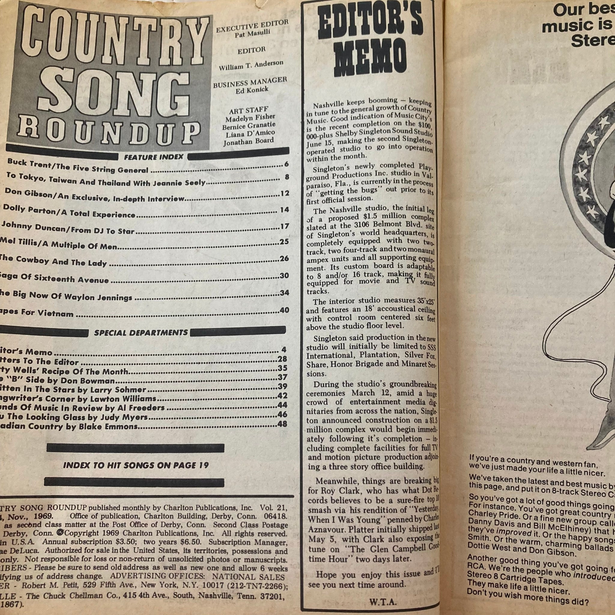 VTG Country Song Roundup Magazine November 1969 Don Gibson & Dolly Parton