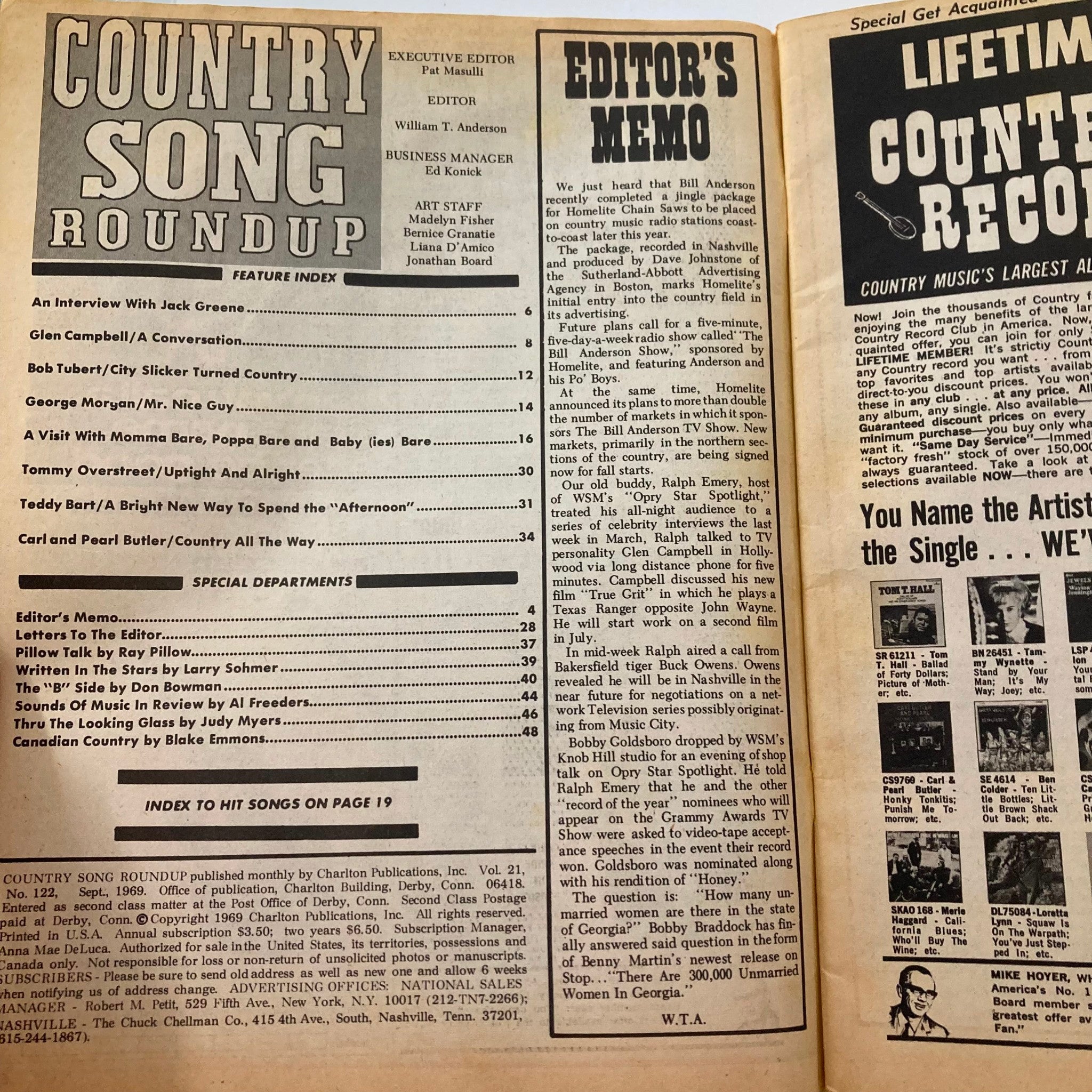 VTG Country Song Roundup Magazine September 1969 Glen Campbell & Bobby Bare