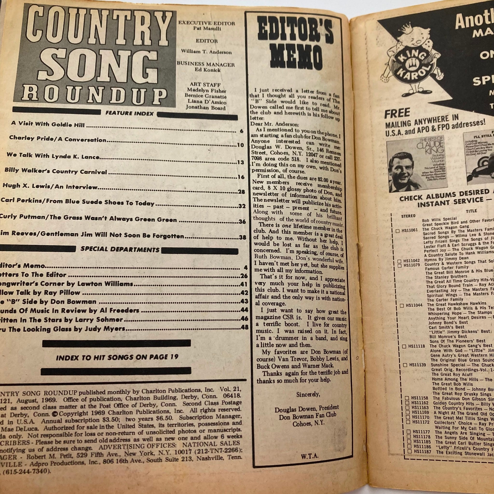 VTG Country Song Roundup Magazine August 1969 Billy Walker's Country Carnival