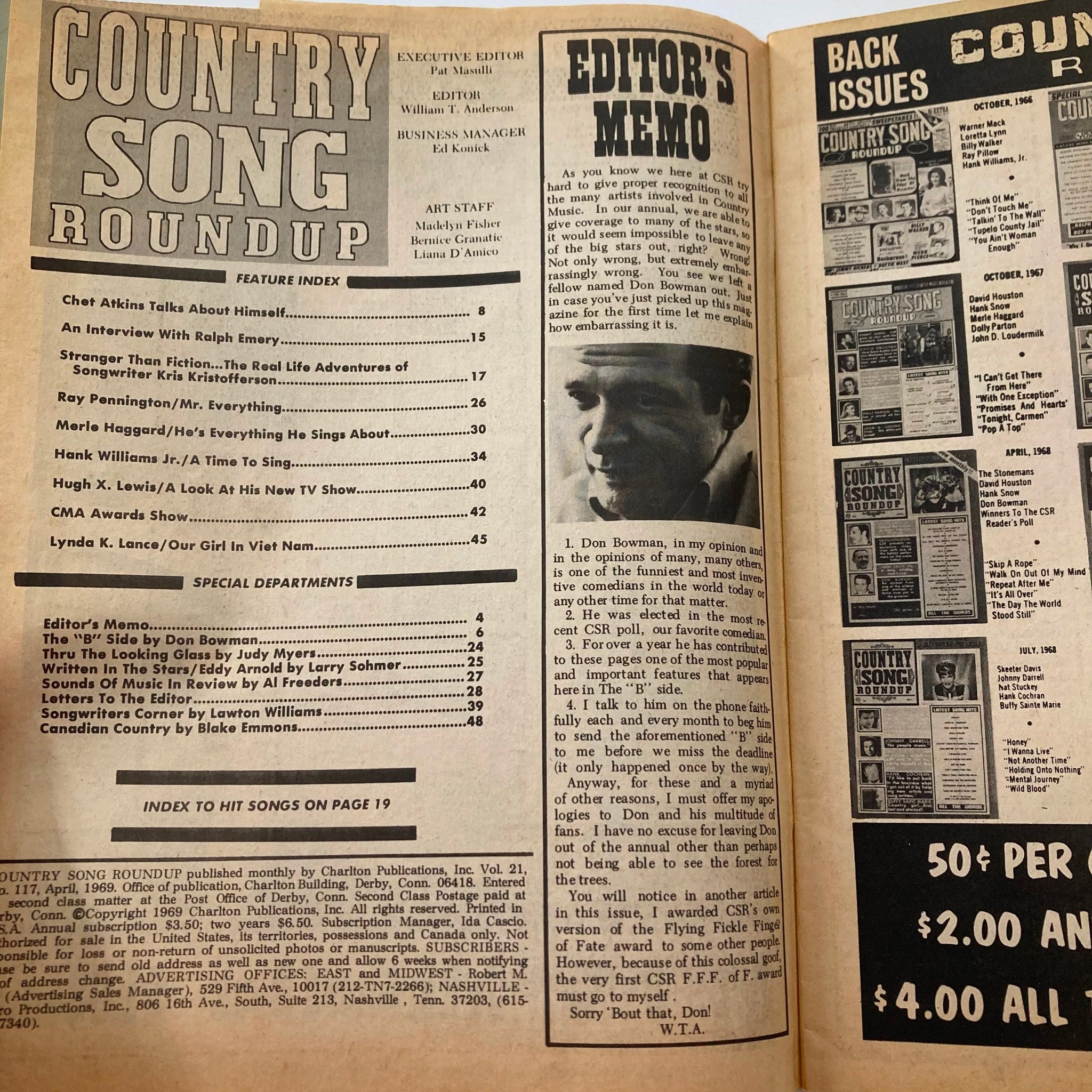 VTG Country Song Roundup Magazine April 1969 Chet Atkins and Merle Haggard