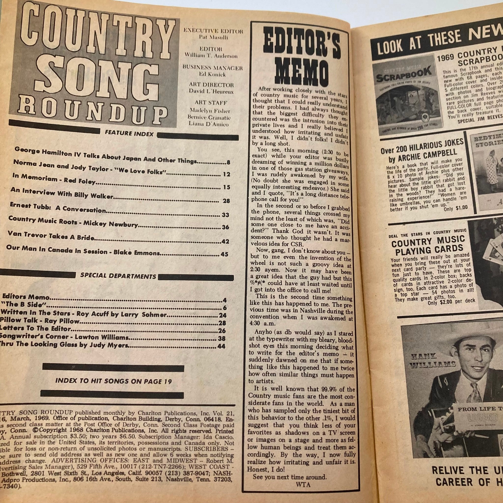 VTG Country Song Roundup Magazine March 1969 George Hamilton IV & Billy Walker