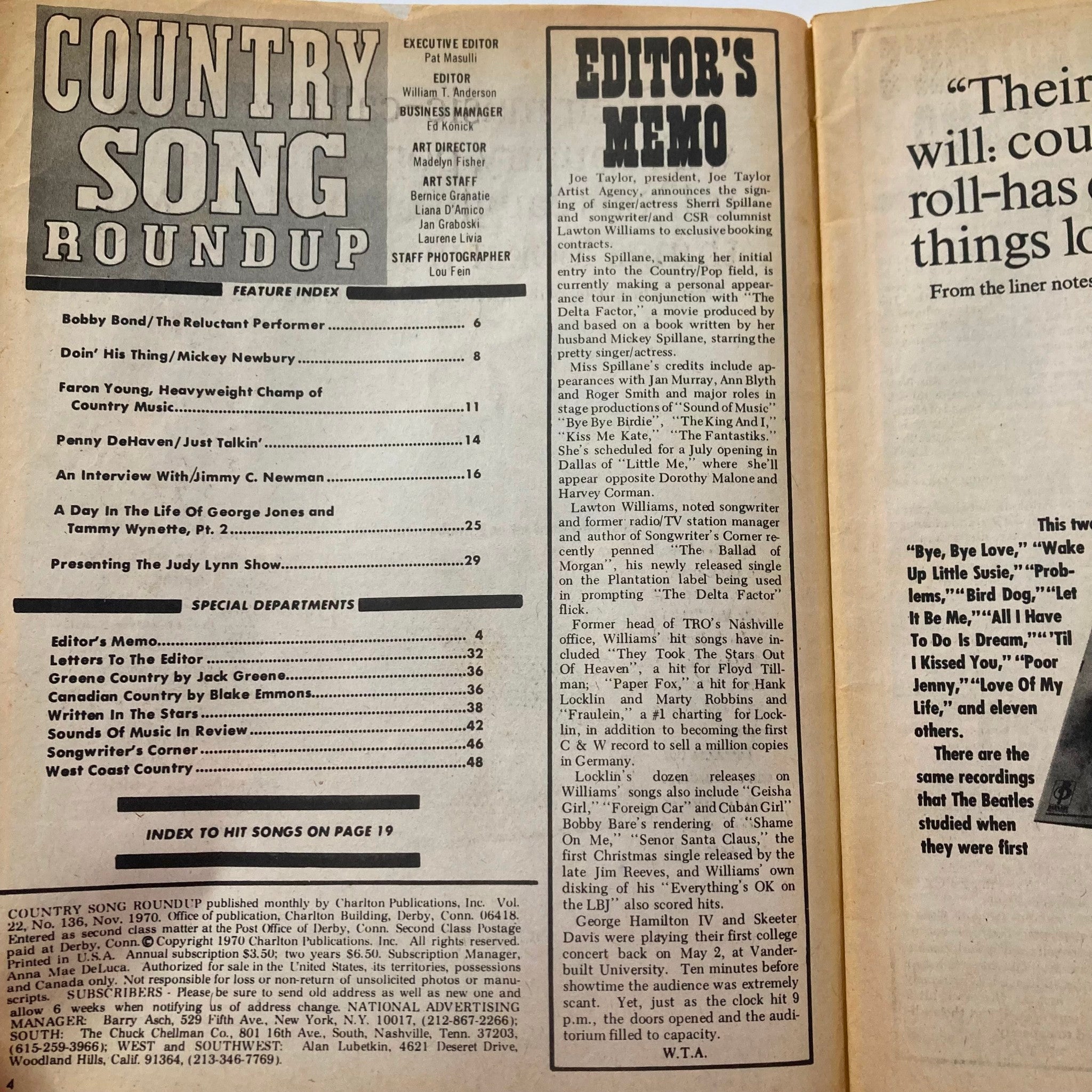 VTG Country Song Roundup Magazine November 1970 Jimmy C. Newman & Faron Young