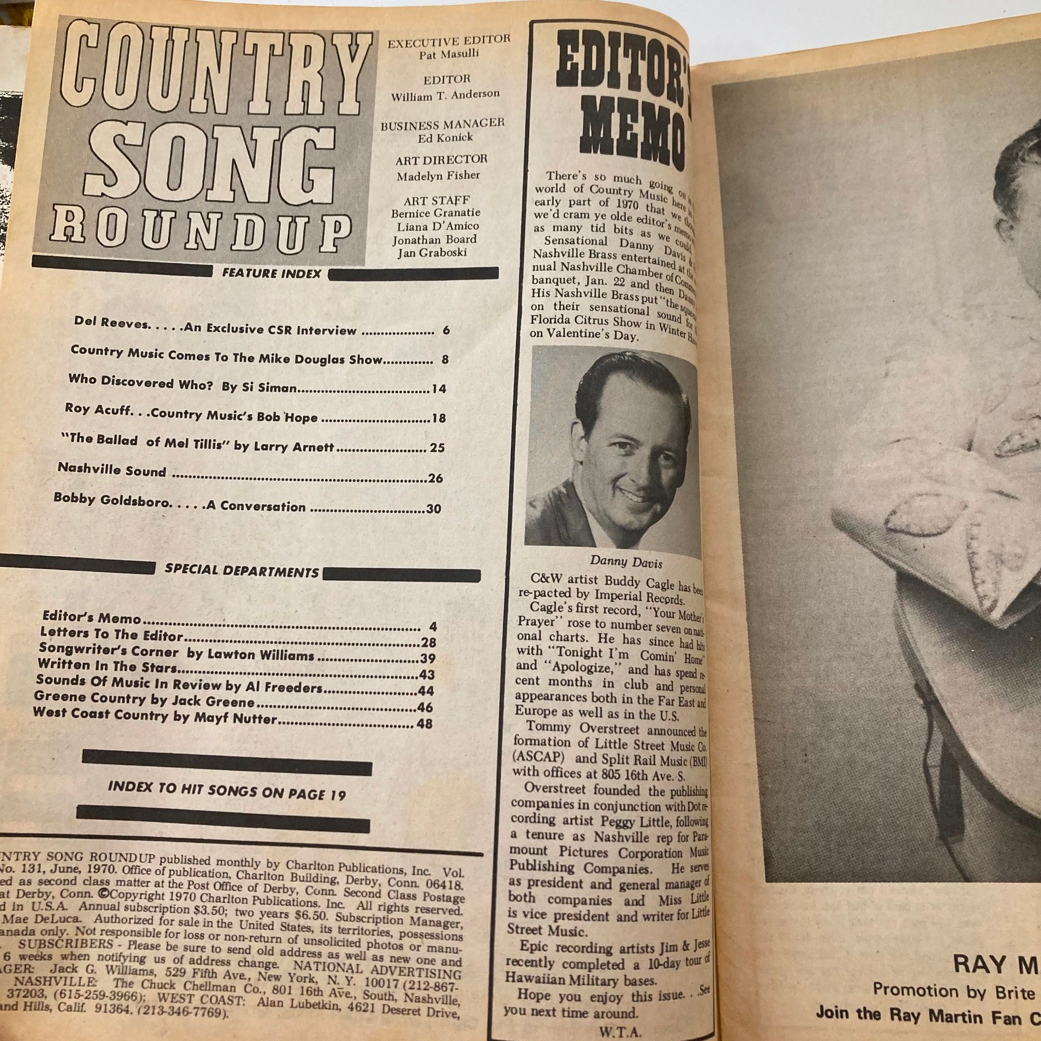 VTG Country Song Roundup Magazine June 1970 Del Reeves and Bobby Goldsboro