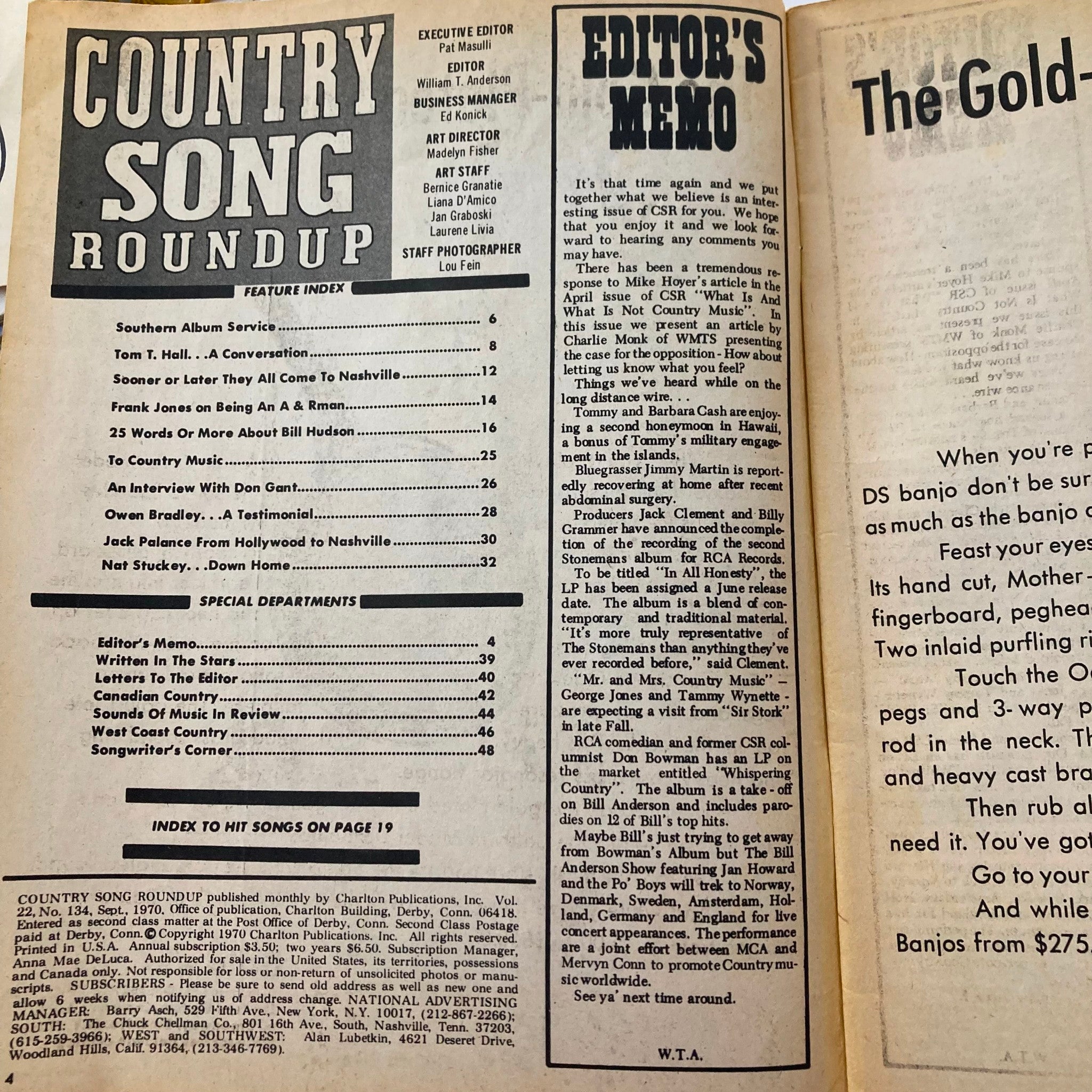 VTG Country Song Roundup Magazine September 1970 Tom T. Hall and Nat Stuckey