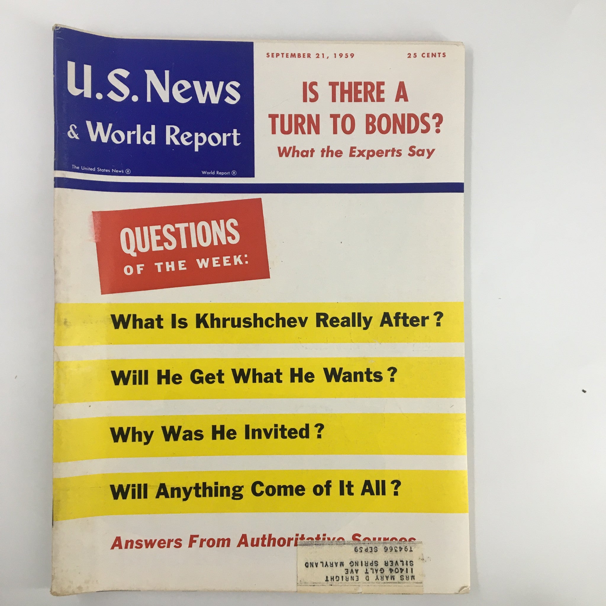 US News & World Report Magazine September 21 1959 What Khrushchev Really After