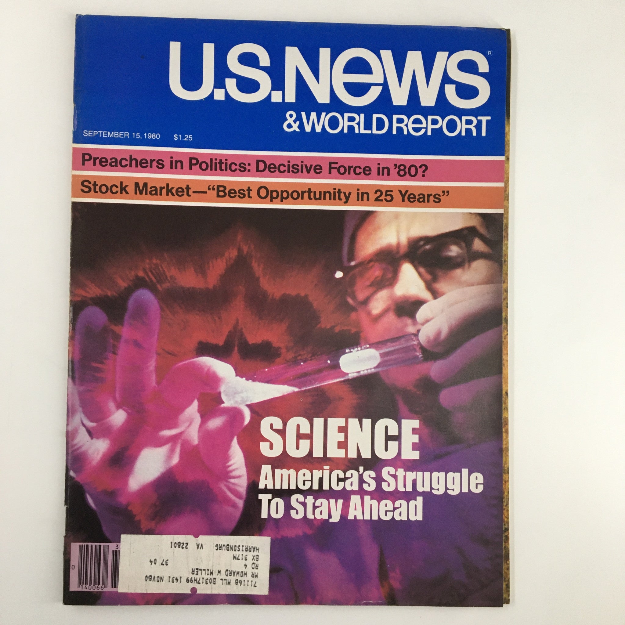 Cover of US News & World Report Magazine, September 15, 1980, featuring the headline 'Science America's Struggle To Stay Ahead' with imagery of a scientist using test tubes.