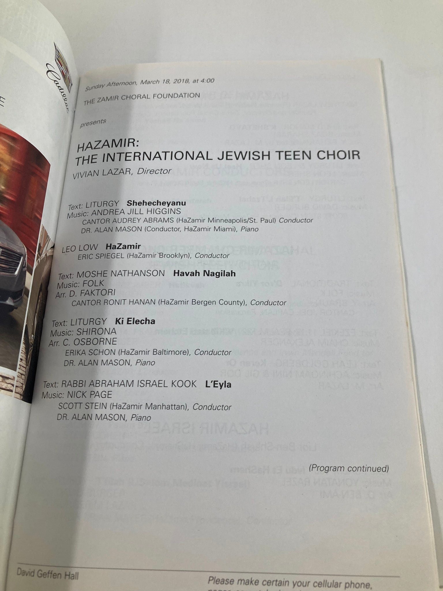 2018 Playbill Lincoln Center Hazamir The International Jewish Teen Choir