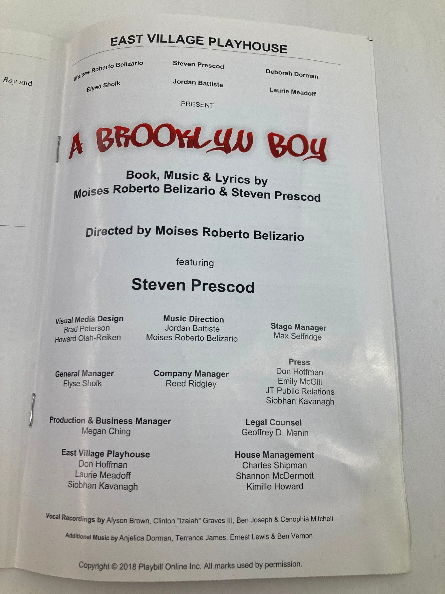 2018 Playbill East Village Playhouse Steven Prescod in A Brooklyn Boy