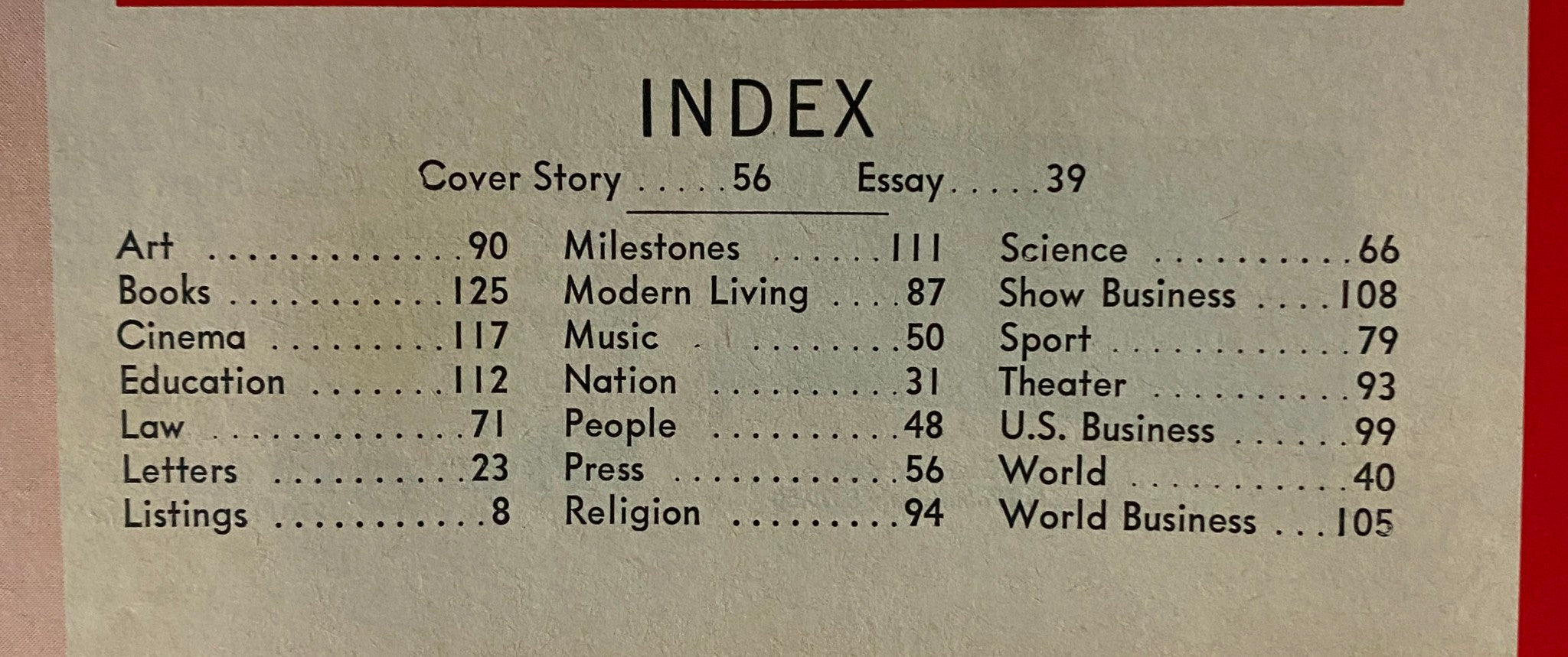 Index page from Time Magazine October 14 1966, Vol 88 No. 16 featuring a detailed list of articles including cover story, milestones, music, and art.