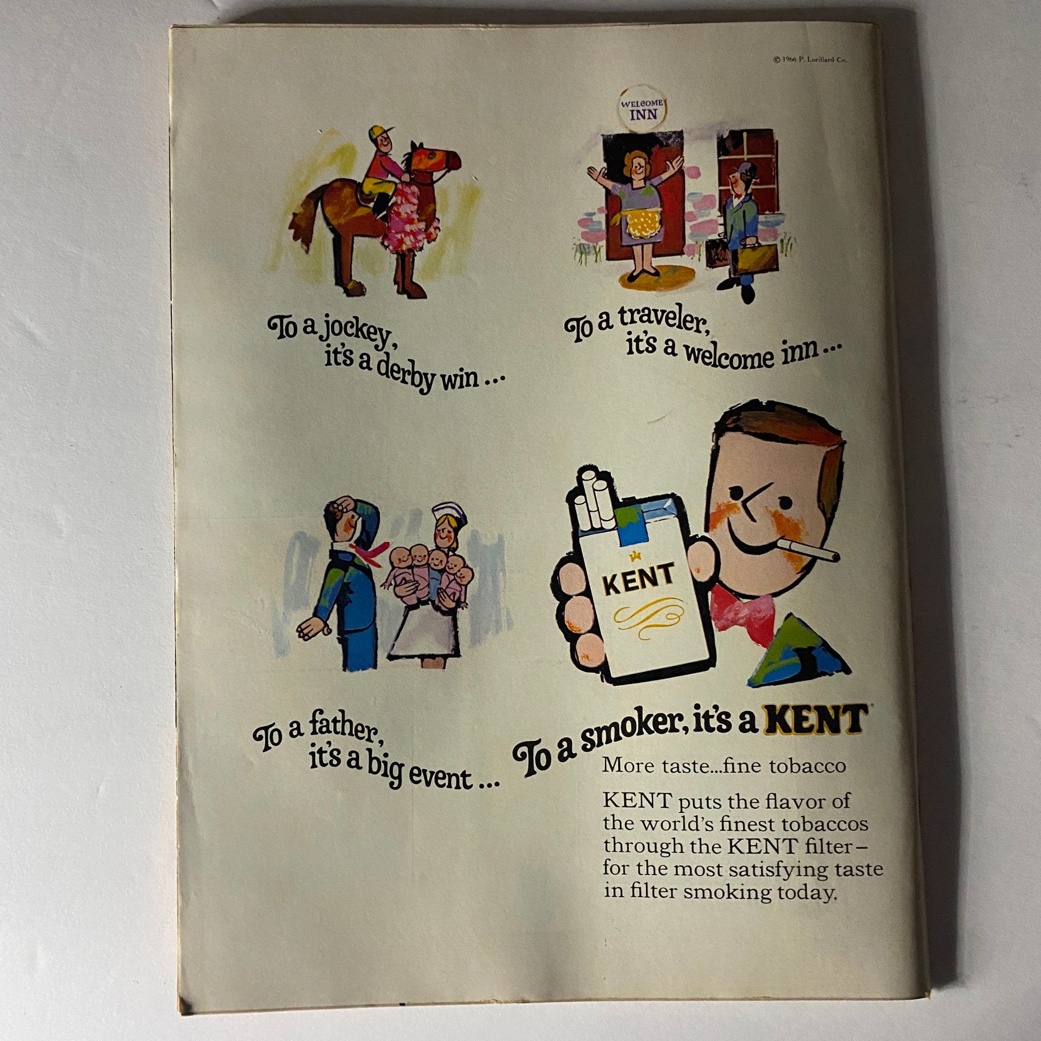 Vintage advertisement for KENT cigarettes featured in Time Magazine October 14 1966, Vol 88 No. 16, showcasing different scenarios for diverse consumers.